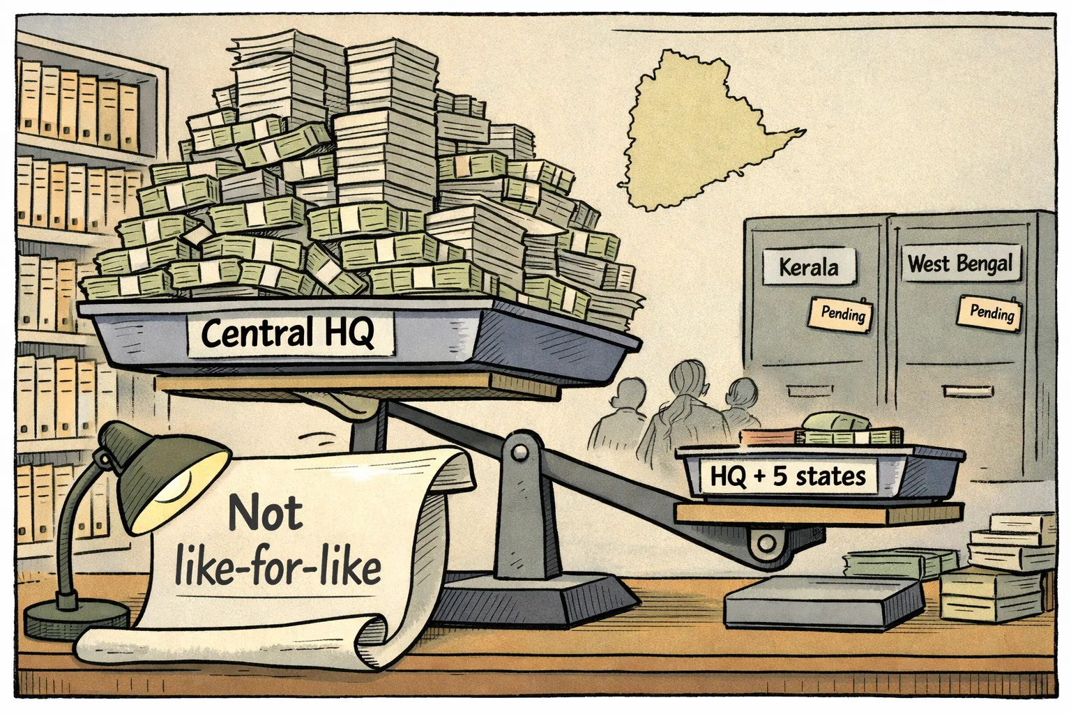 An oversized central-headquarters money tray towers over a smaller tray marked HQ plus five states, while a large footnote separates the mismatched accounting platforms and two filing cabinets remain closed.