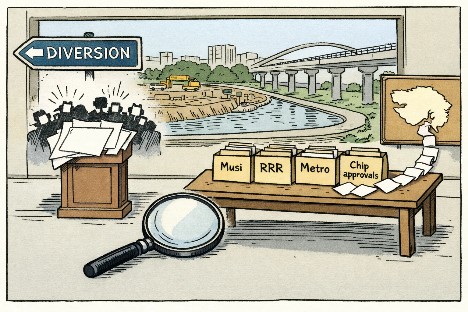 A Telangana records room shows a sign marked diversion pointing toward an empty press podium, while a separate table holds Musi, RRR, Metro and chip-approval files connected by paperwork to Gujarat.