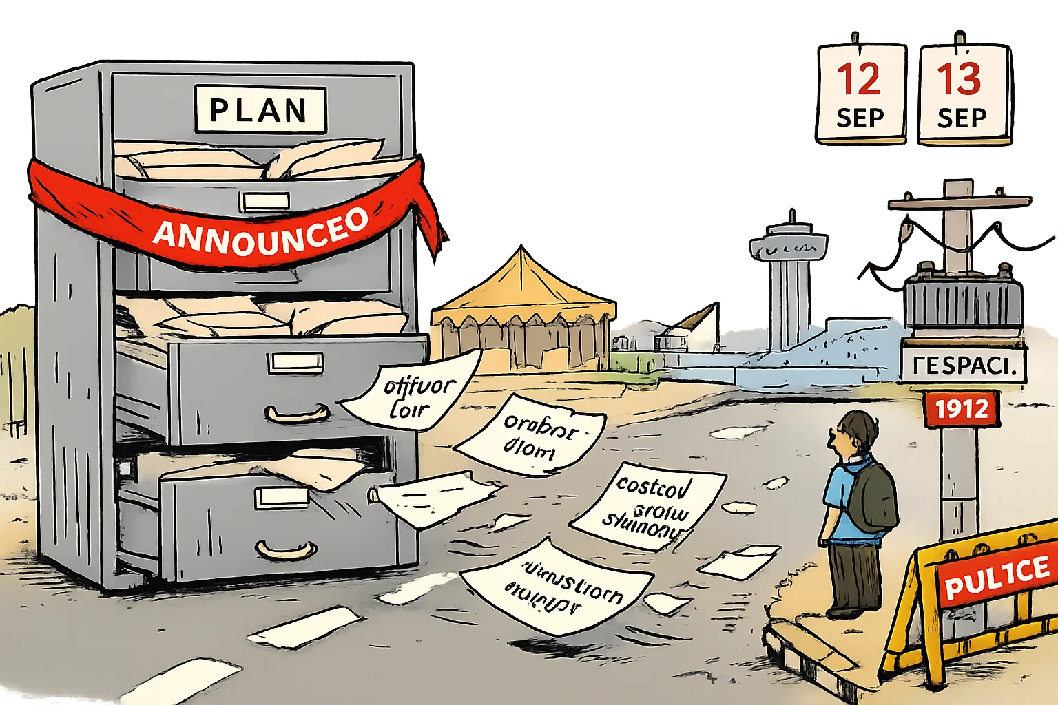 A locked filing cabinet labelled Plan stands on a Hyderabad street beneath a fraying announcement ribbon, while papers marked officer list, traffic plan, control room order and immersion points blow away toward a distant festival pandal and crane.
