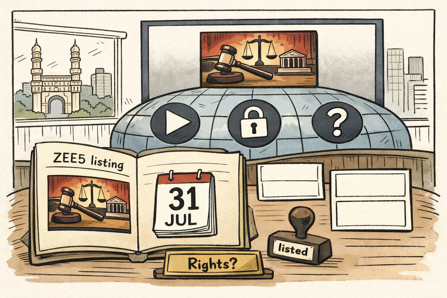 A hand-drawn courtroom-like streaming catalogue screen shows a single Telugu drama tile behind a large legal file, while a globe-shaped remote-control screen displays different country locks and availability marks.