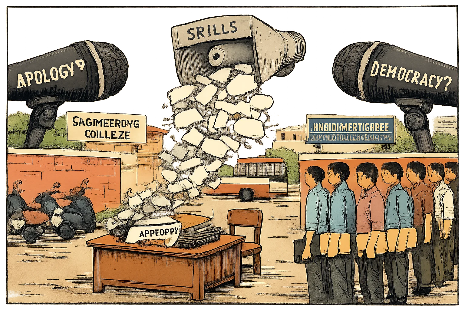 A giant government loudspeaker labelled “skills” hangs over a Telangana engineering-college job queue, while a sealed apology letter sits under a desk and two oversized political microphones point at each other.