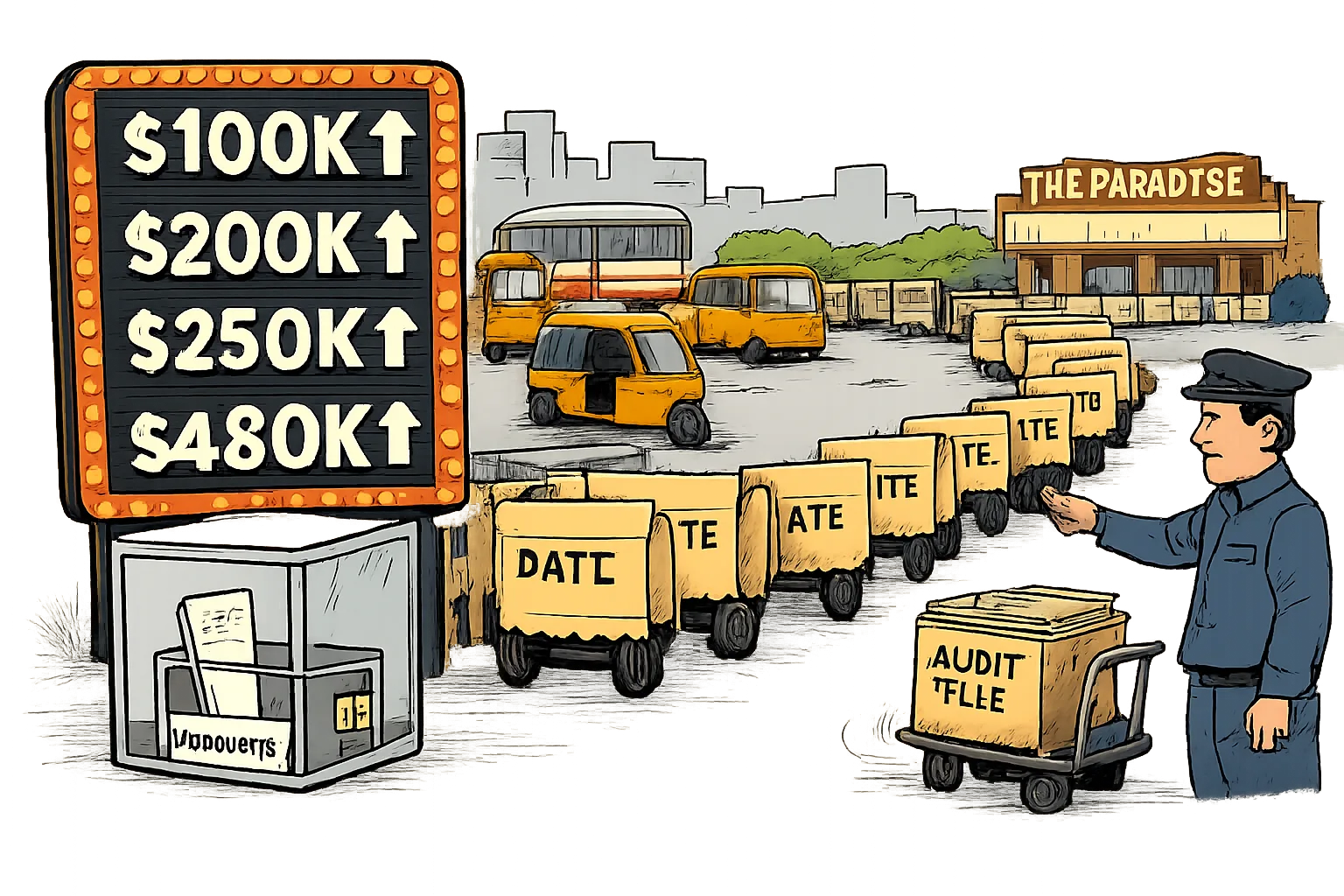 A cinema sales scoreboard showing rising dollar figures stands beside an empty receipts box, while ticket stubs and an audit file are stuck in traffic near a multiplex.