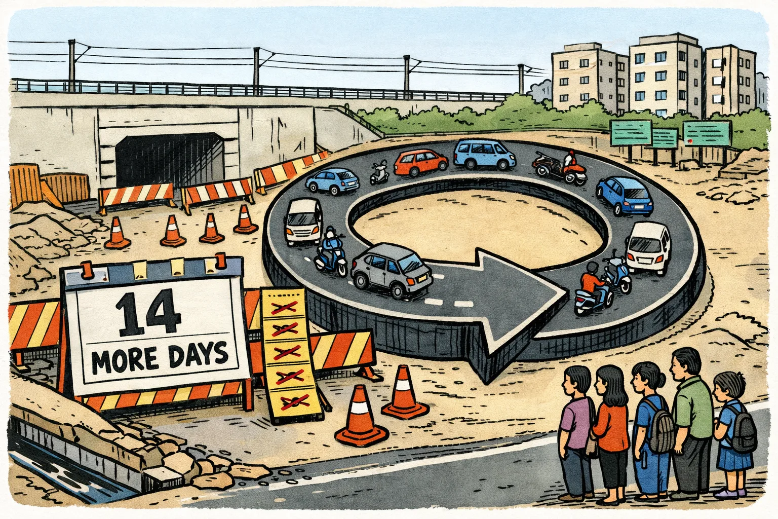 A blocked Hyderabad underpass and unfinished drain sit behind barricades while cars follow a giant circular diversion beneath a sign reading “14 MORE DAYS.”