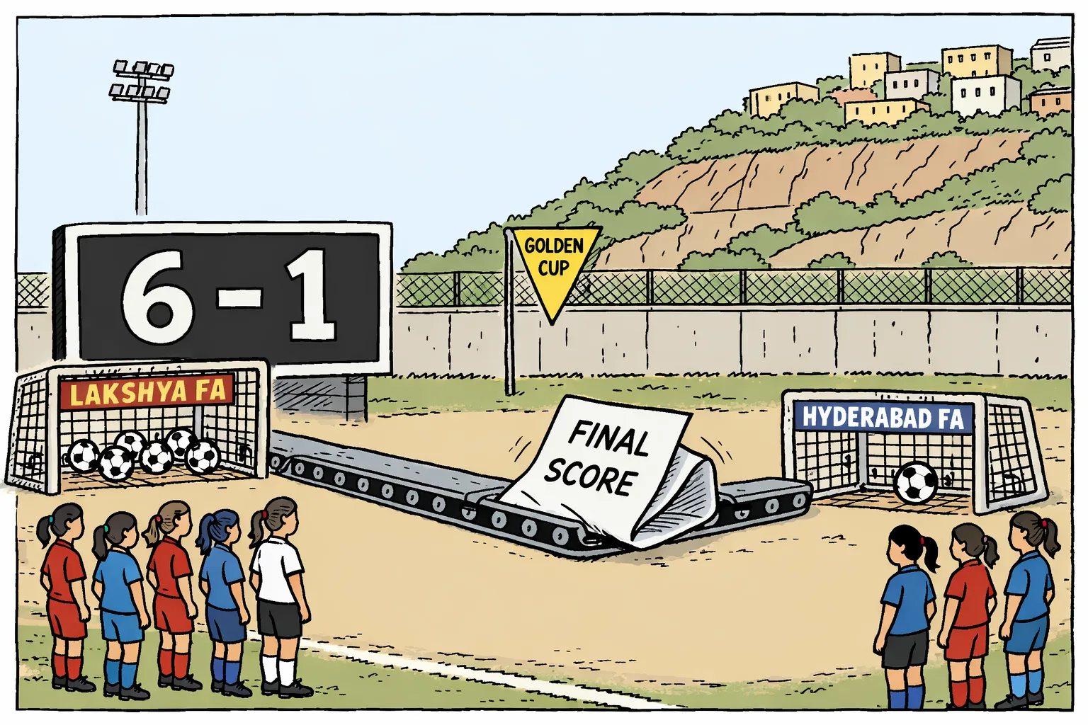 An ink-and-colour cartoon at a Jubilee Hills football ground shows a large scoreboard reading 6–1, with a memo marked Final Score sliding into a small Hyderabad FA goal while six footballs sit in a Lakshya FA net.