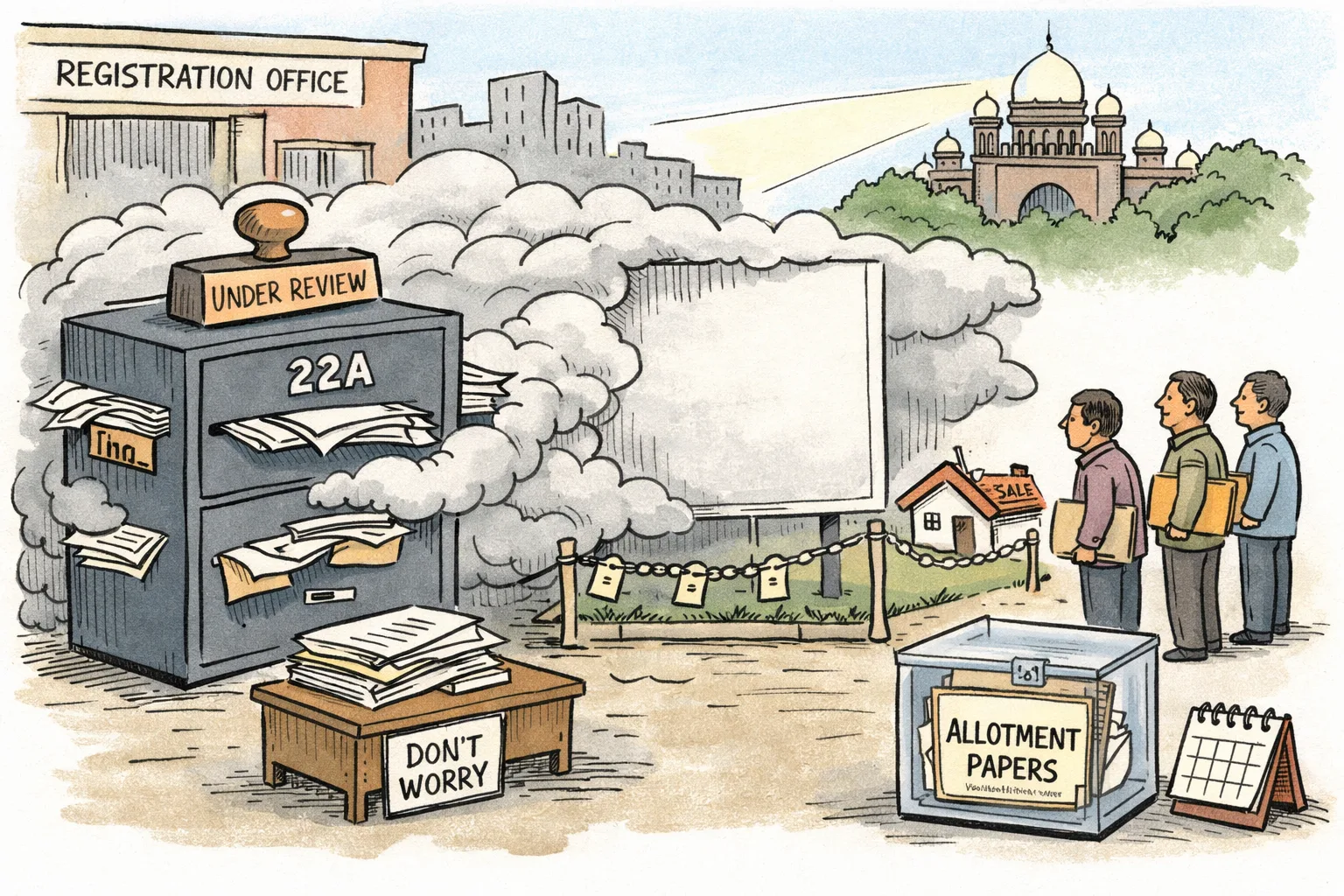 A jammed cabinet marked 22A hides land papers behind bureaucratic fog, while waiting landholders stand beside a blank online-list notice board and a High Court building shines light toward it.