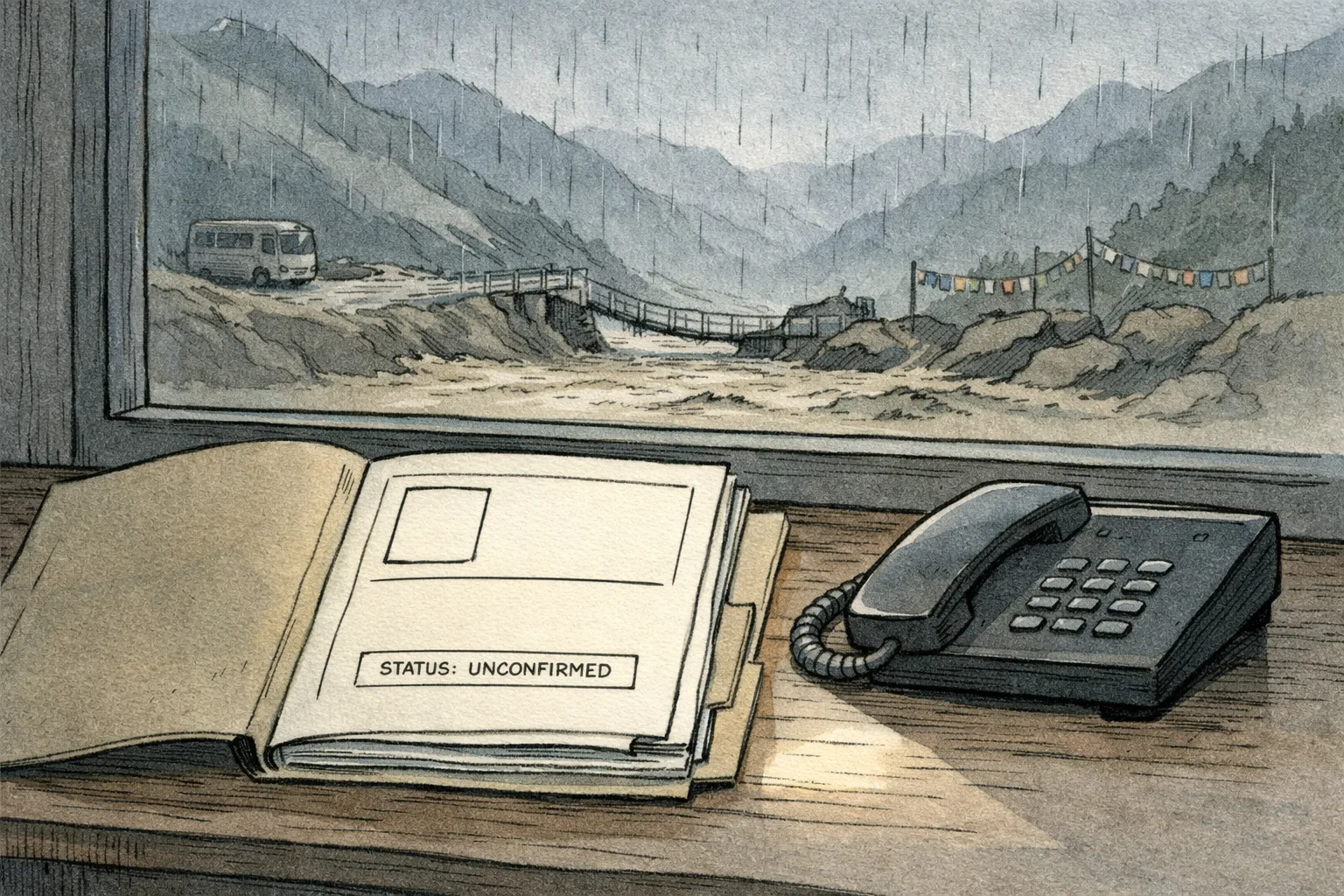 An unfinished government file marked “STATUS: UNCONFIRMED” rests beside a silent telephone, with a misty flood-affected mountain road and damaged bridge visible through a window.
