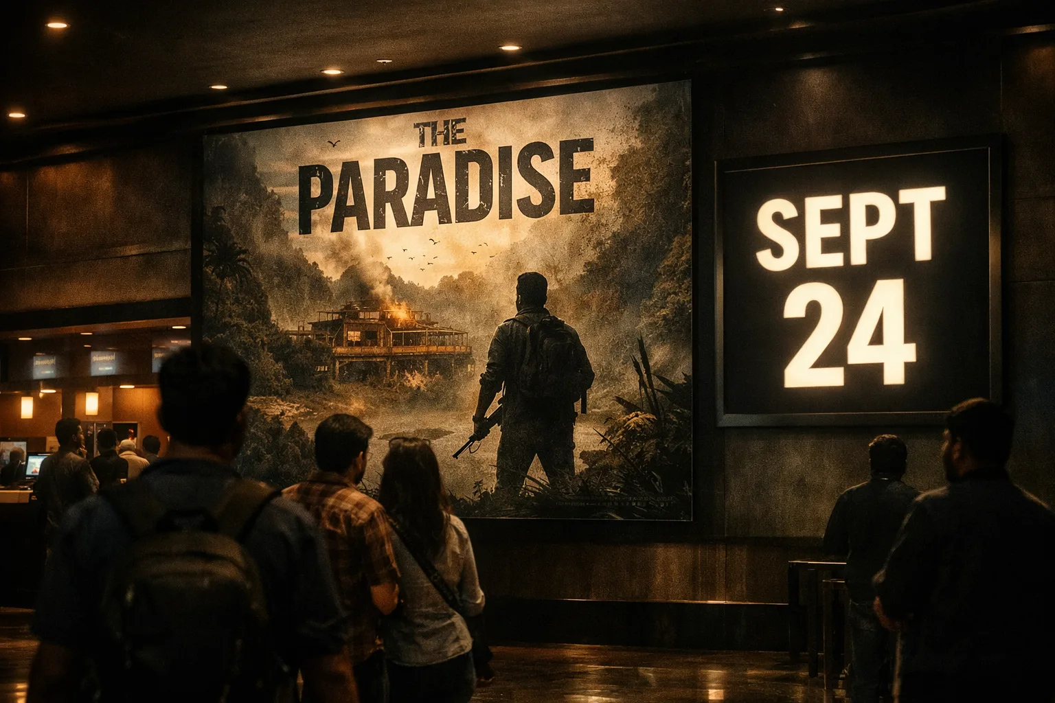 A dim multiplex lobby displays a large promotional poster-style panel for The Paradise beside a glowing September 24 release-date sign.
