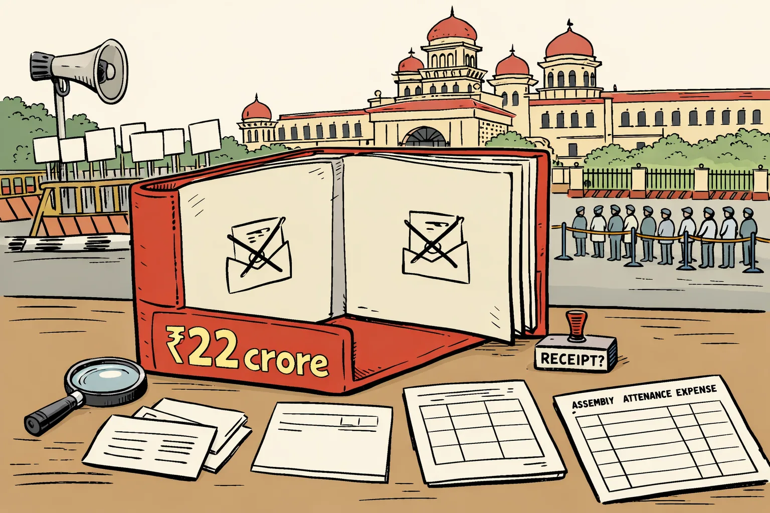 An oversized file marked ₹22 crore sits open and empty on an accounts desk outside the Telangana Assembly Secretariat, surrounded by blank government forms and missing-receipt symbols, with protest placards in the background.