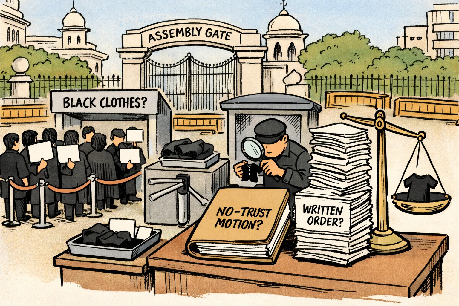 Anonymous legislators in black clothing wait behind a barricade outside the Telangana Assembly while a security booth inspects a black shirt and an unopened no-confidence motion folder sits on a desk.