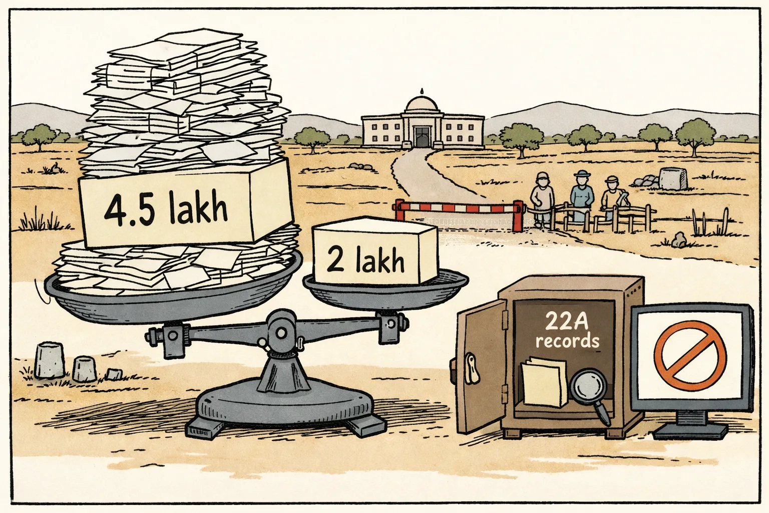 A giant weighing scale holds large acreage labels above a locked cupboard containing a thin 22A records file, with a Telangana revenue office and dry fields in the background.