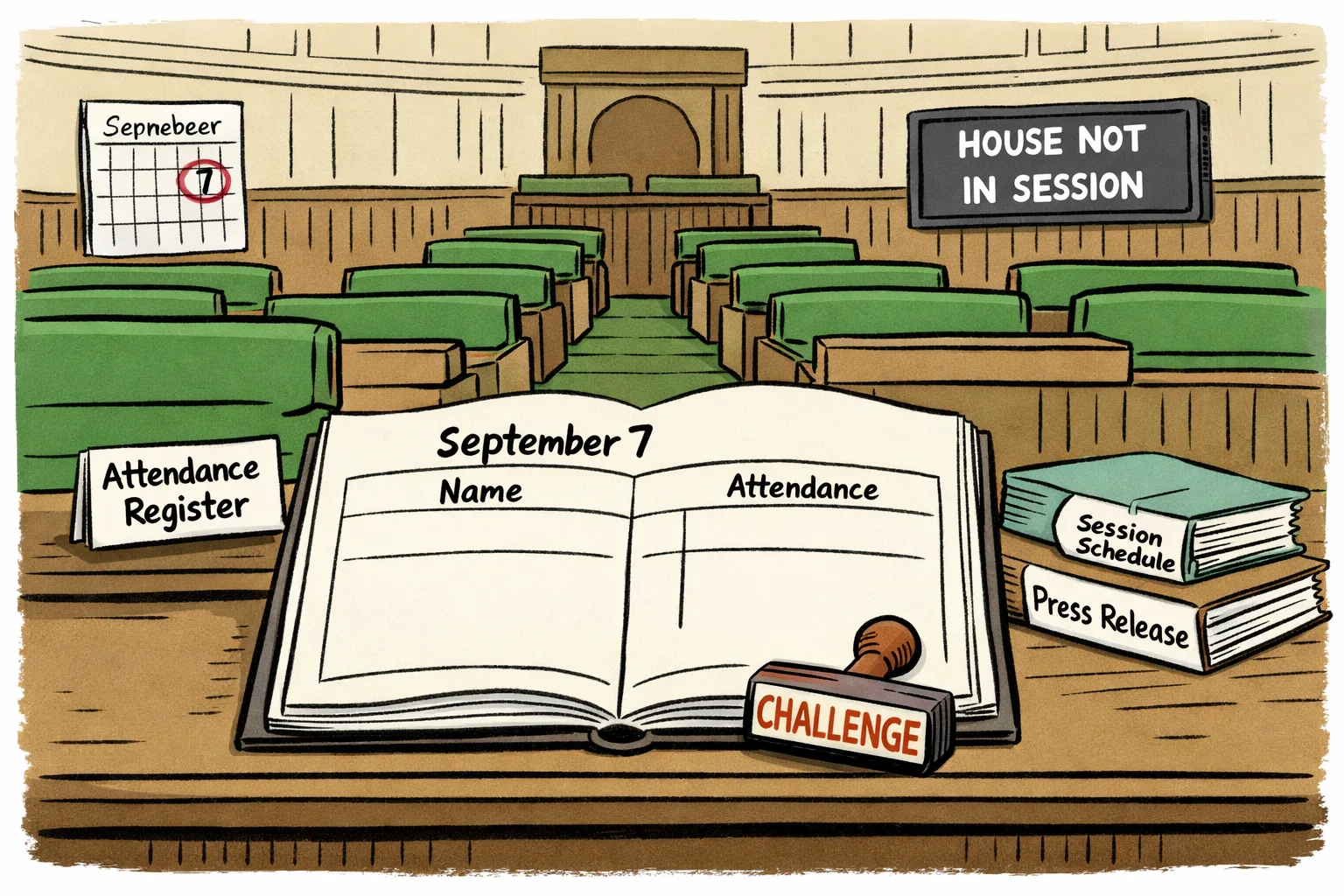 An open attendance register on a desk inside the Telangana Legislative Assembly has a blank space beside a member’s name, while a September 7 calendar and empty benches appear behind it.