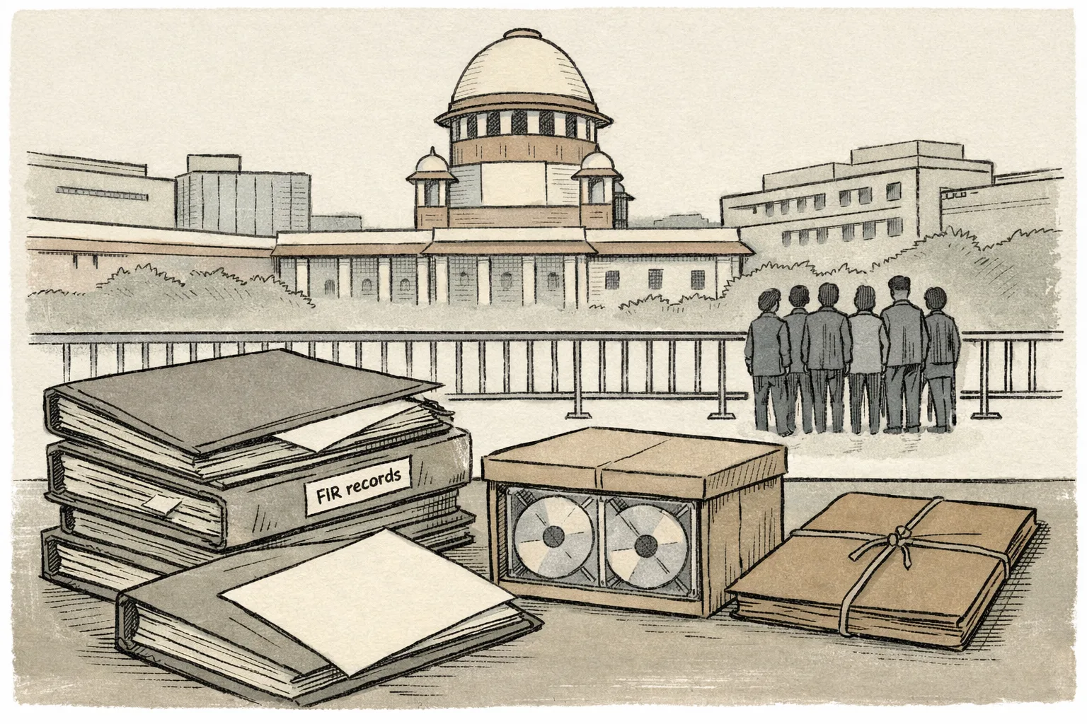 A quiet Supreme Court file table shows a sealed protest-records box, a stack of student FIR files, a court order folder, and a row of state government office buildings in the background; a small group of students stands outside the frame’s edge behind a barrier.