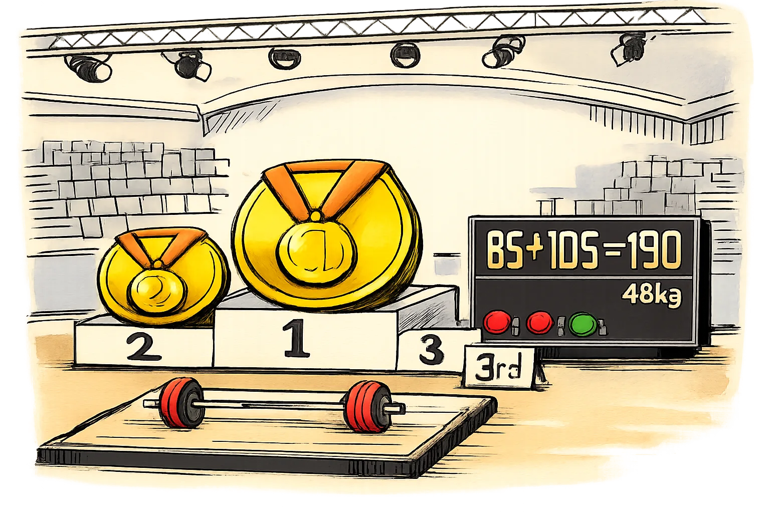 A weightlifting platform in a Glasgow arena shows a tiny 48kg-labeled platform supporting three oversized gold medals, with a scoreboard reading 85kg plus 105kg equals 190kg and two attempt lights glowing red beside a successful green light.