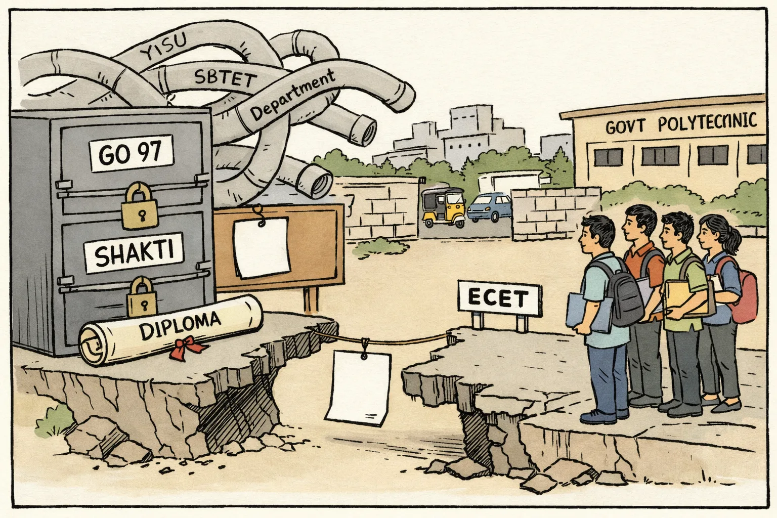 A locked cabinet marked GO 97 and SHAKTI stands beside a broken bridge between a diploma certificate and an ECET sign, while polytechnic students wait near a government campus and tangled administrative pipes marked YISU and SBTET.