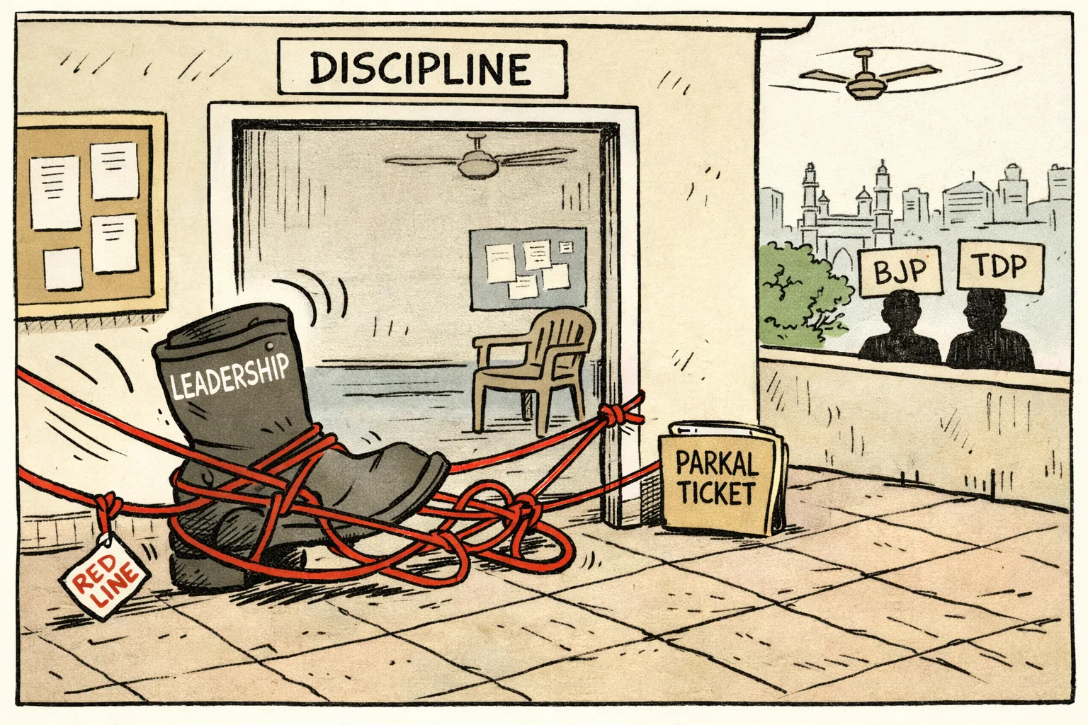 A tangled red rope marked ‘RED LINE’ trips a large anonymous boot labelled ‘LEADERSHIP’ outside a party office, while an unattended ‘PARKAL TICKET’ file lies nearby and two labelled observer silhouettes watch.