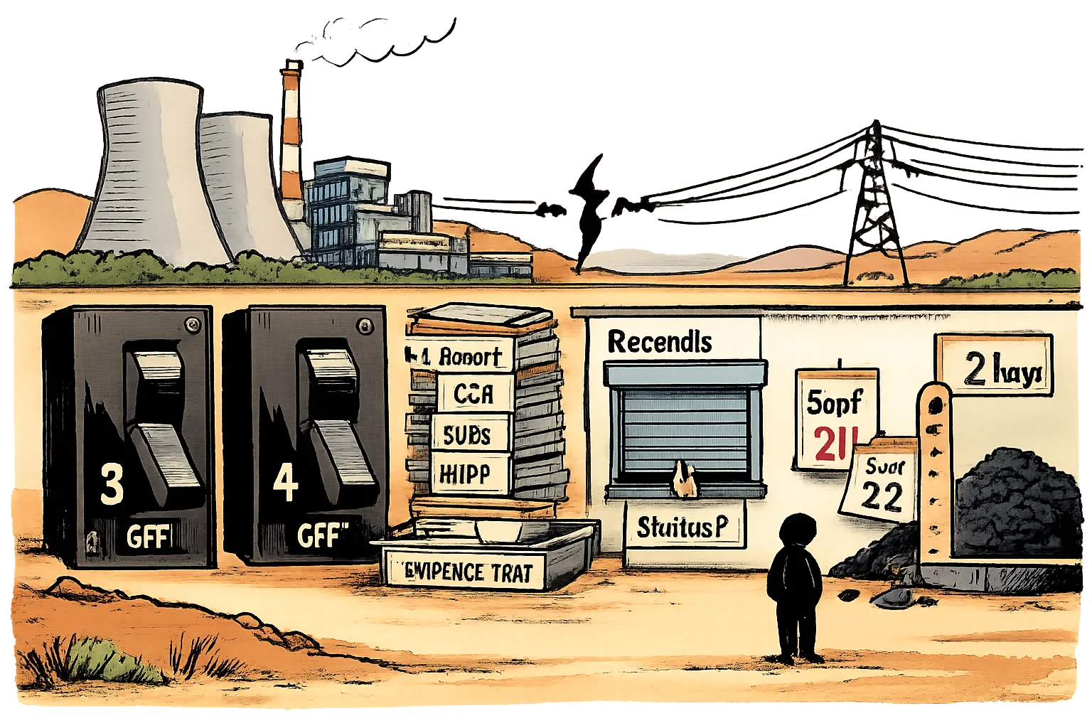 Two numbered power-unit switches stand off outside a Yadadri thermal power station, beside a low coal pile, conflicting dated papers and a locked records window.