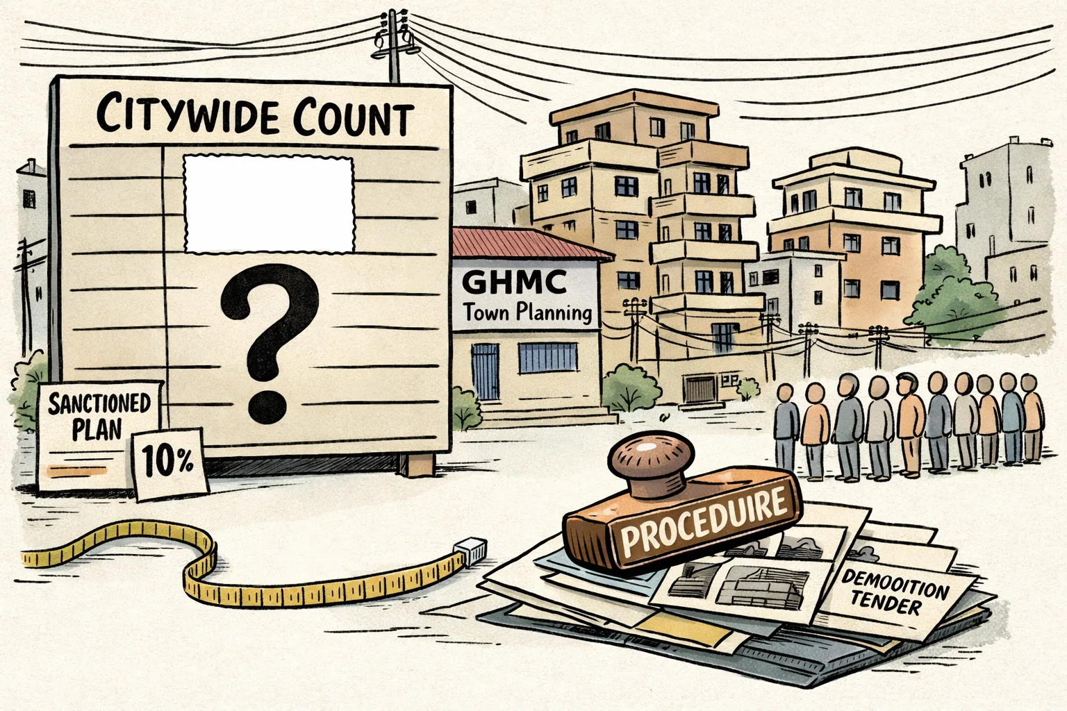 A Hyderabad street of apartment buildings with extra floors stands behind a blank citywide-count scoreboard, while a GHMC office ledger, inspection photographs, a measuring tape and a procedure stamp sit in the foreground.