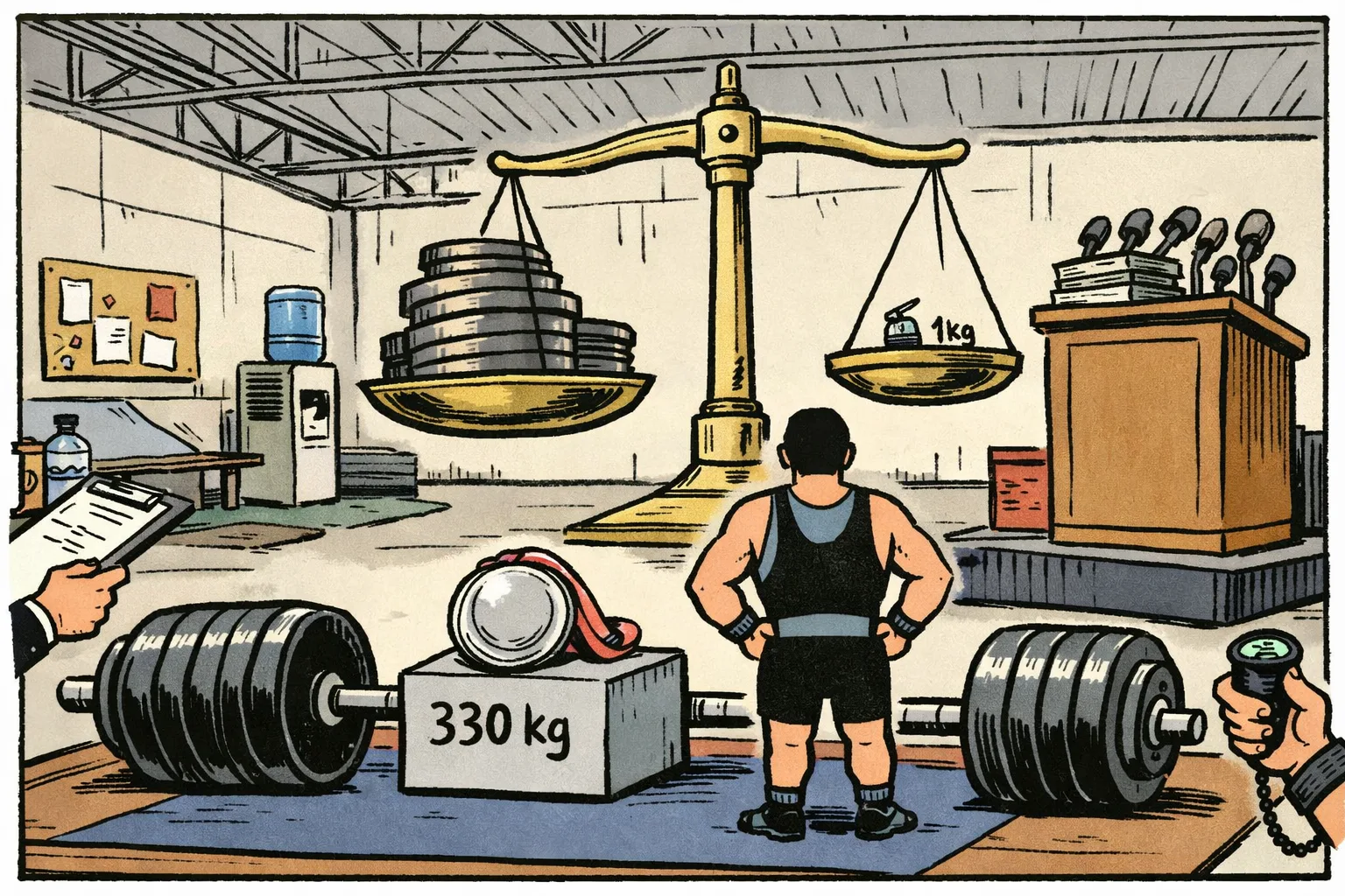 A weightlifting platform marked 330kg sits beneath a silver medal, while a tiny one-kilogram weight hangs just beyond a gold medal on a balance scale; a Telangana-style arena banner and Hyderabad training-room details appear in the background.