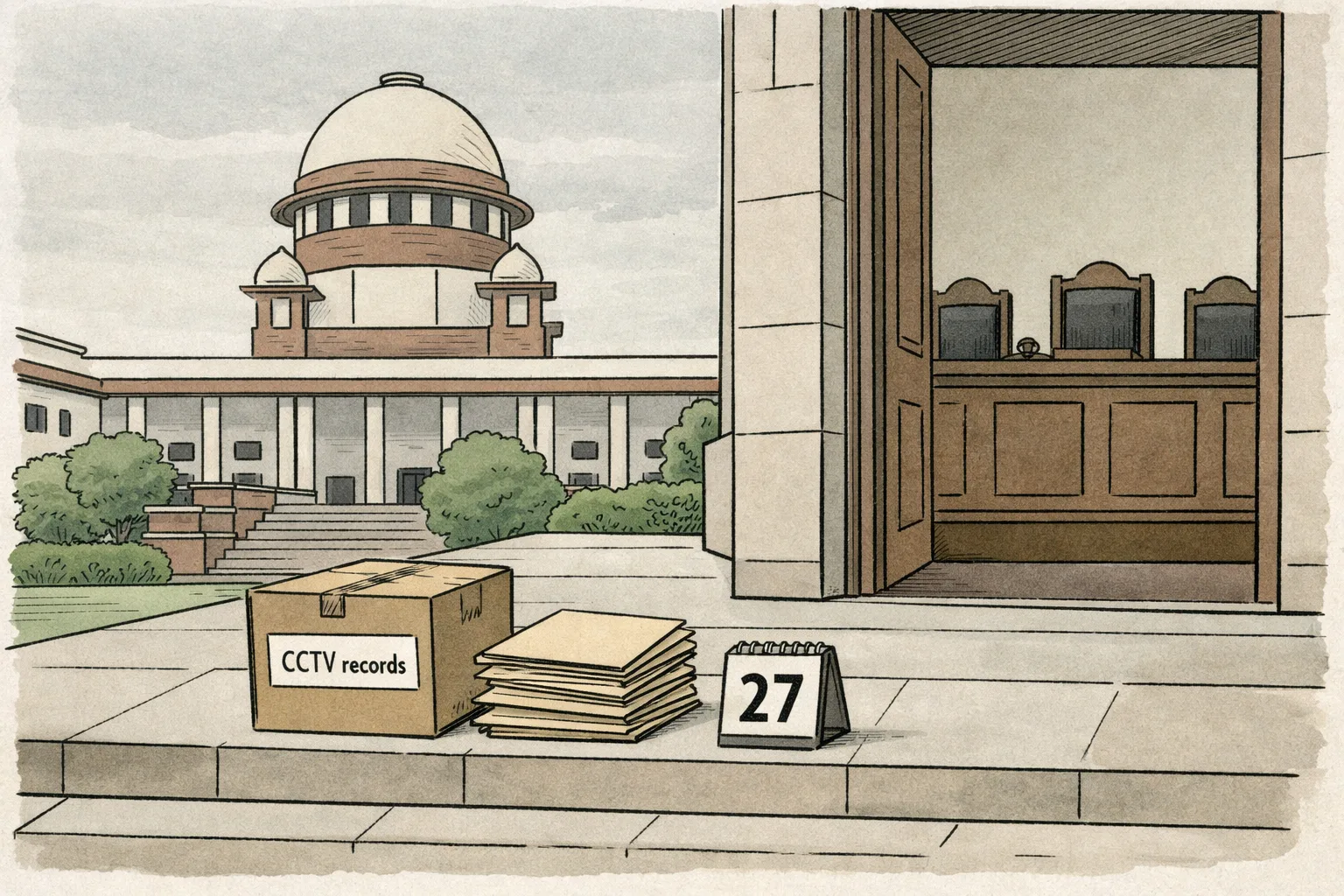 A quiet exterior view of the Supreme Court complex with an empty hearing bench visible through an open doorway, a sealed evidence box marked CCTV records on the steps, and a July calendar page nearby showing the date 27; no people are present.