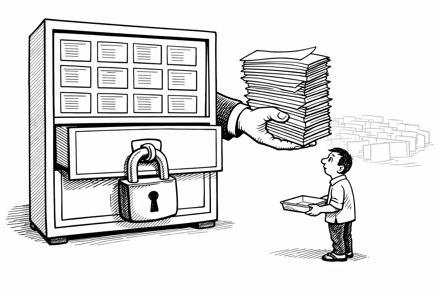 A giant election-record portal offers a stack of papers to a voter holding an empty receipt tray, while the drawer containing the audit trail is locked.