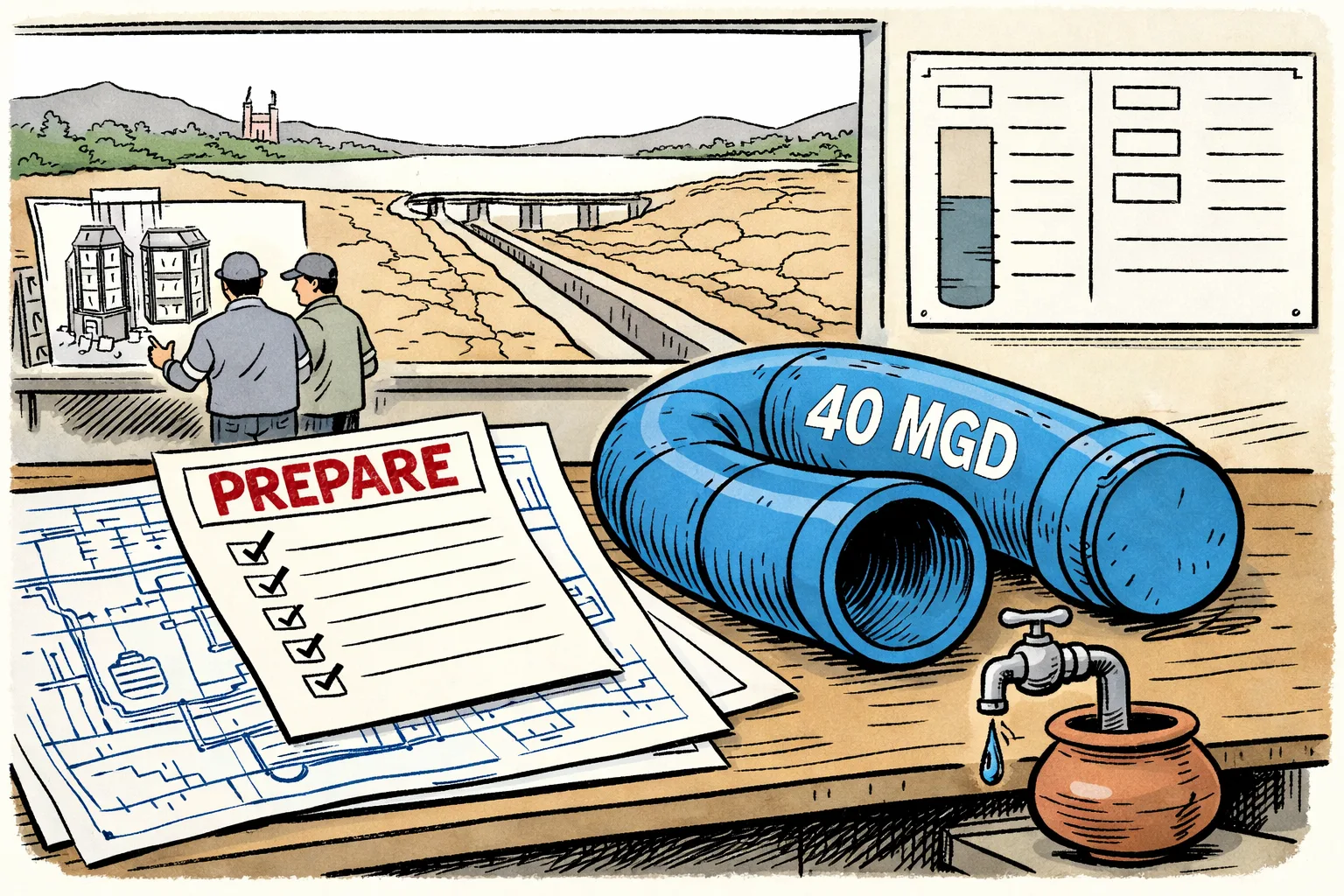 A huge capped pipe marked 40 MGD lies beside a stamped preparation plan while a small tap produces only a drip near a dry Hyderabad reservoir landscape.