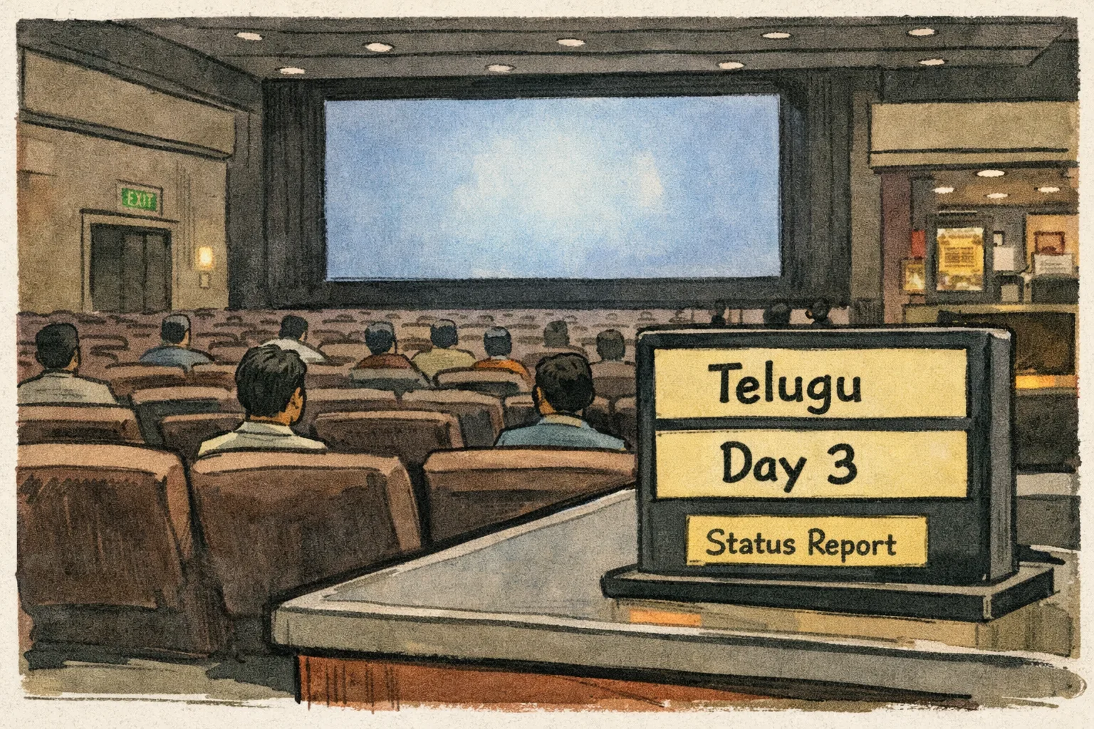 A mostly empty Hyderabad cinema auditorium with a few occupied seats, while a small Telugu film ticket counter displays a modest collection box beside larger Tamil-market boxes.
