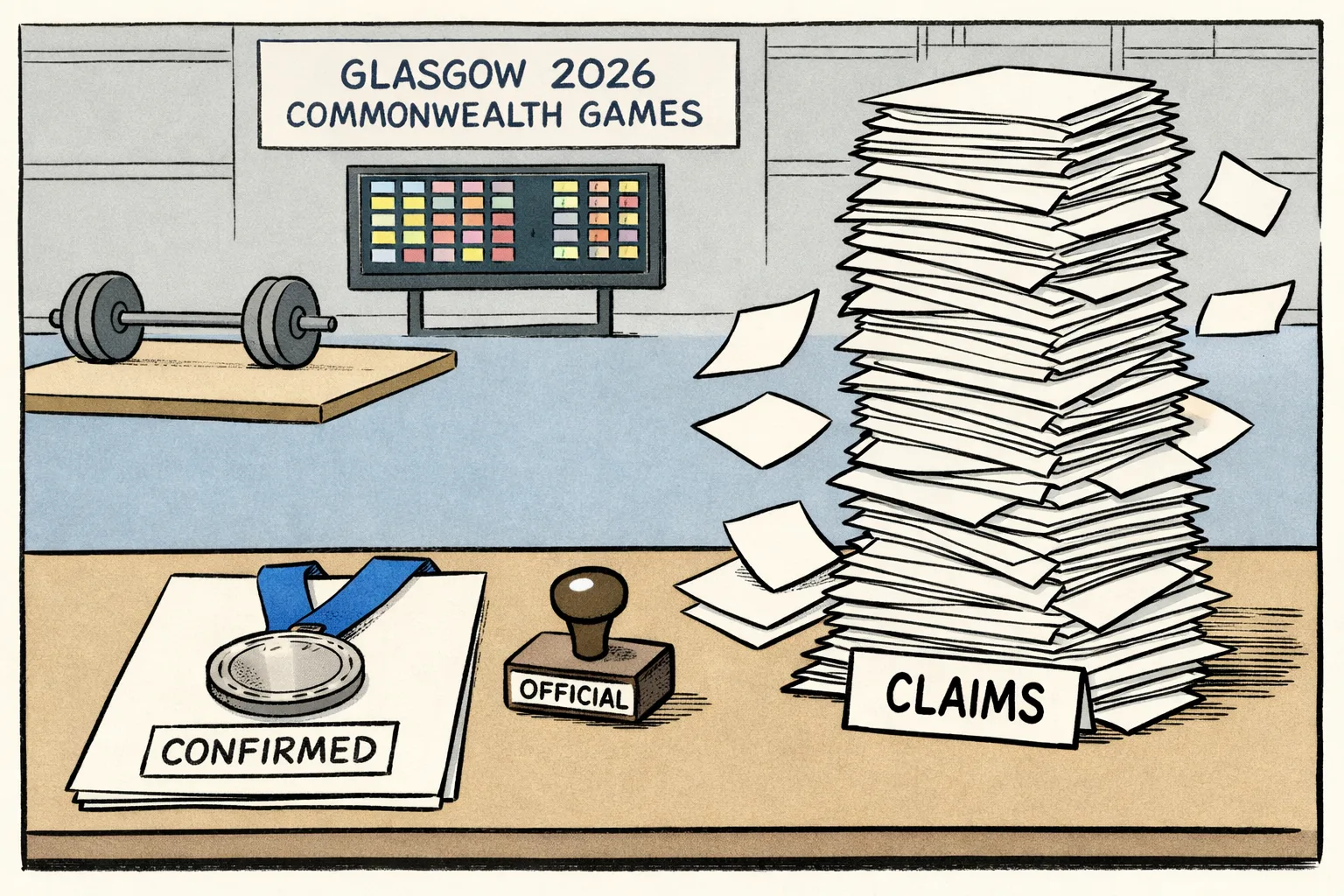 A Glasgow 2026 results desk shows one neatly stamped silver medal record for a weightlifter, while a pile of unverified medal claims waits beside an empty results board.