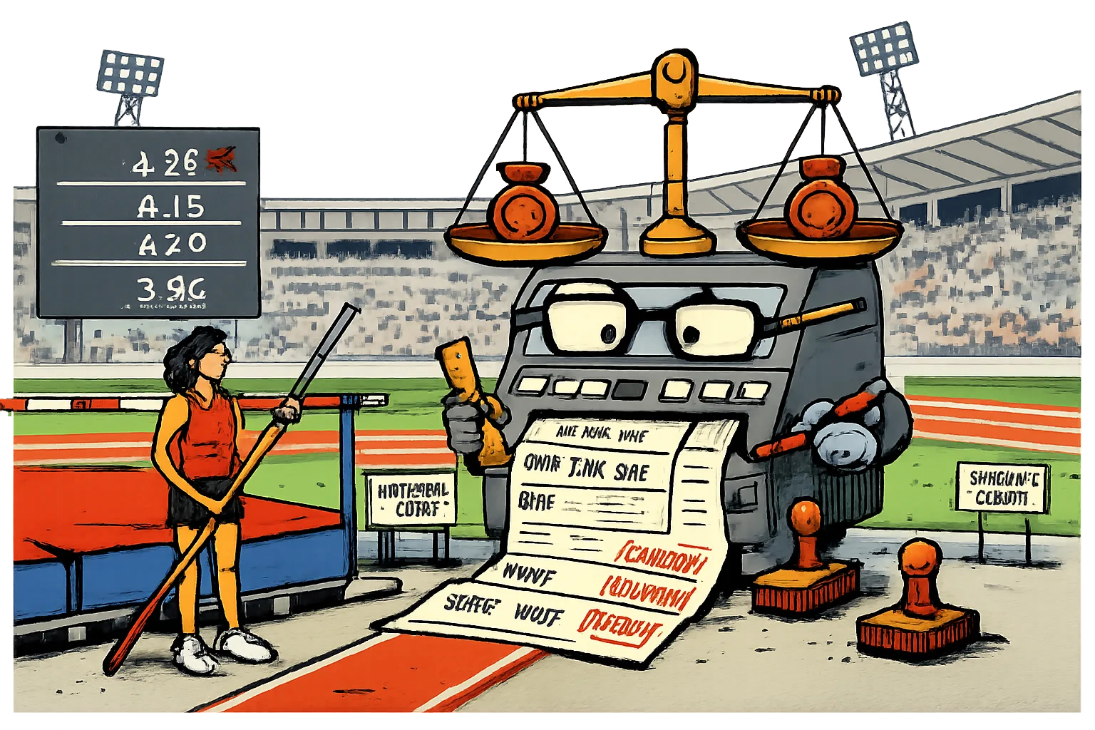 An unidentifiable pole vaulter stands beside a 4.15-metre bar while a giant spreadsheet machine weighs two bronze medals and counts failed attempts in an athletics stadium.