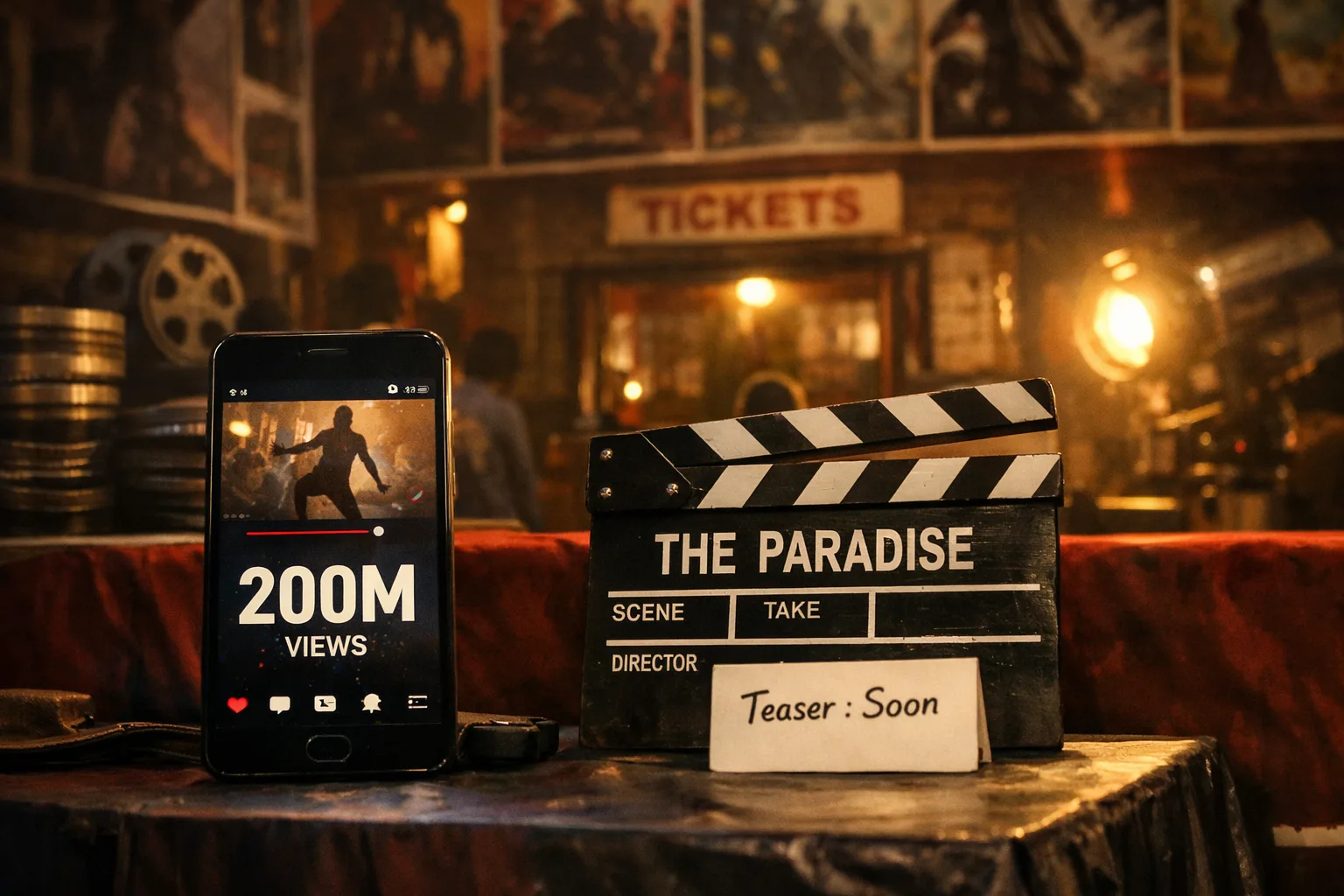 A photorealistic cinema-promotion scene with a giant smartphone displaying a music-video view counter at 200 million, a film clapperboard marked ‘The Paradise’, and a blank teaser-date board under bright studio lights, with Hyderabad theatre posters and a waiting crowd in the background.
