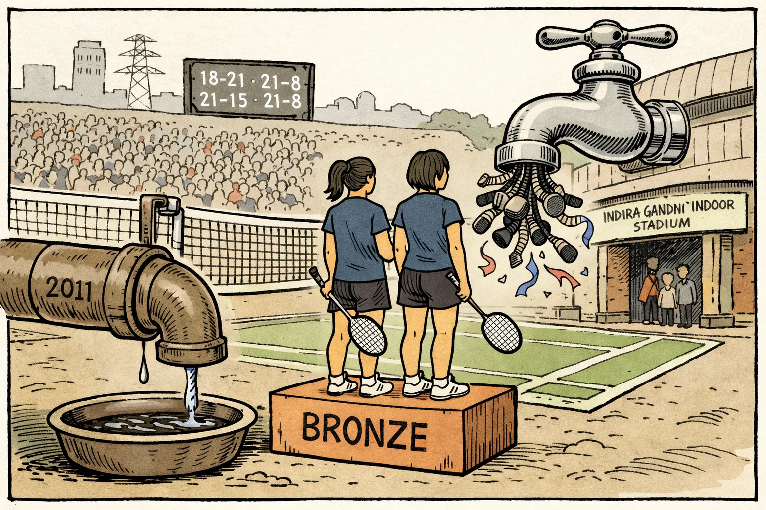 Two badminton players stand on a bronze podium beside a leaking pipe marked 2011, while an oversized empty ceremonial tap hangs outside a crowded indoor stadium.
