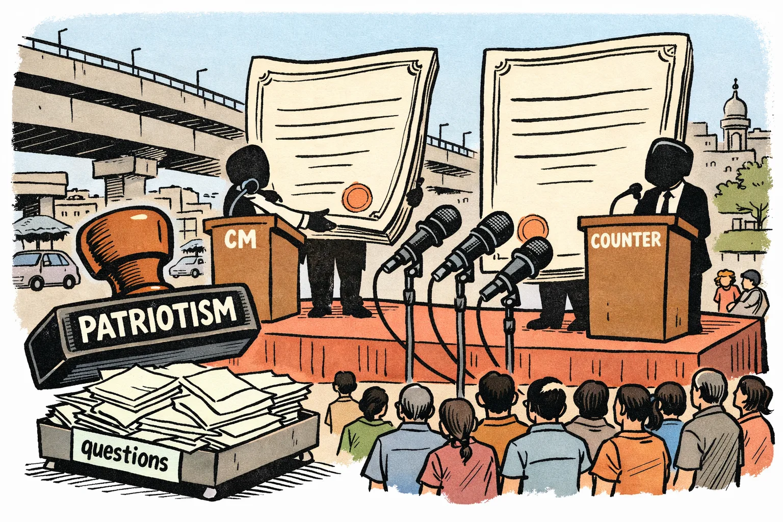An oversized rubber stamp marked “PATRIOTISM” hovers over giant certificates on a Hyderabad event stage, while a second stack labelled “COUNTER” and a tray of questions crowd out the small audience.