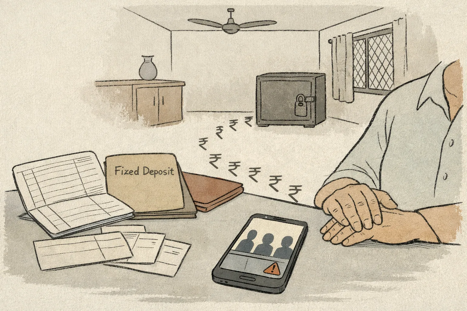 A senior citizen's hands rest beside a smartphone showing anonymous figures on a video call, while bank papers and a fixed-deposit folder sit near a locked dark box connected by rupee symbols.