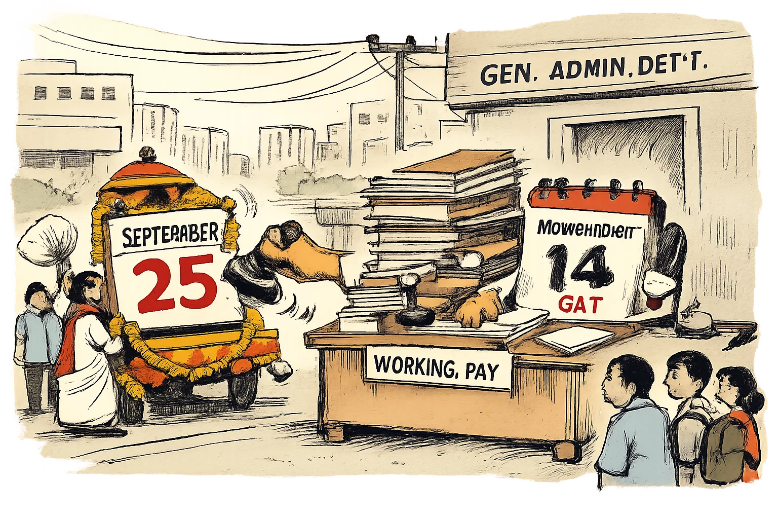 A September 25 calendar page rides on a small procession cart while a November 14 Saturday page sits at a government desk under files and stamps outside an urban Telangana office.