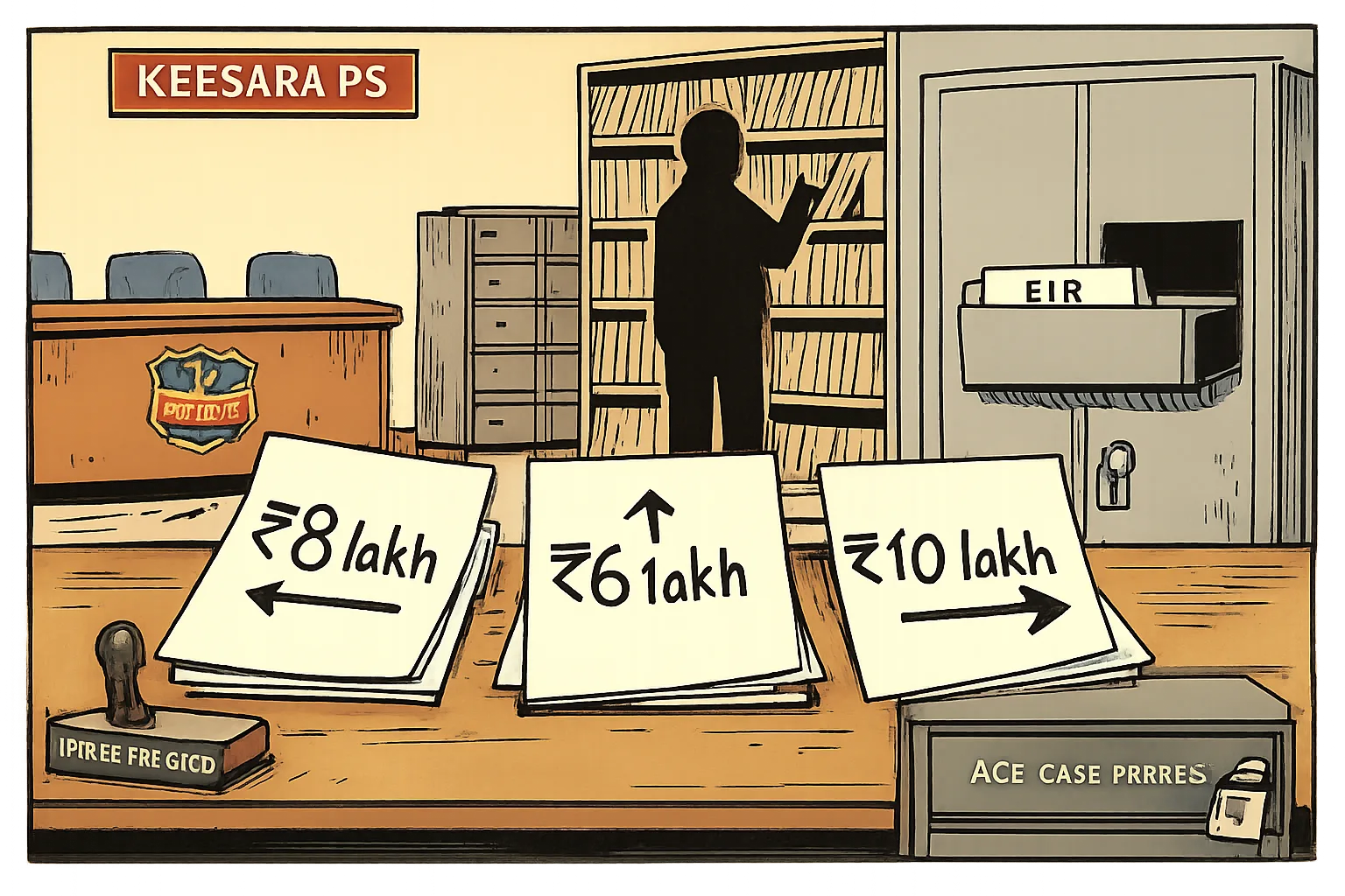 A cartoon records room contains three conflicting payment figures on oversized papers and an empty file slot labelled FIR in a police-station cupboard.