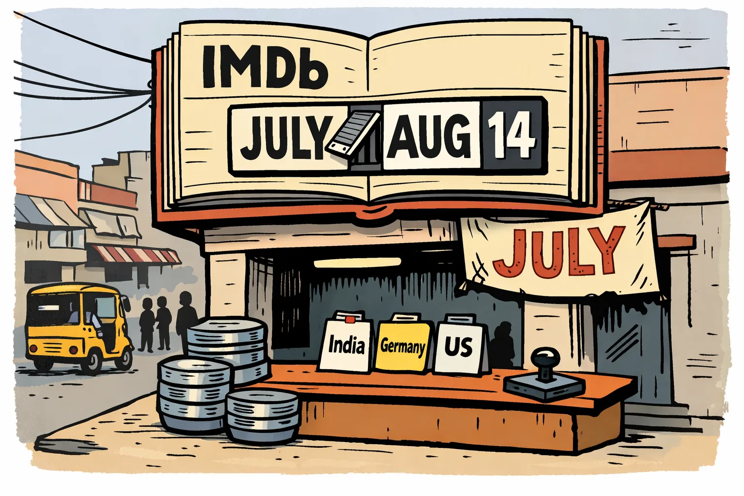 A cinema marquee in a Hyderabad street displays an August 14 date while a giant database ledger hangs above it and a smaller studio banner nearby still says July; film cans and scattered market-location tags sit around the entrance.
