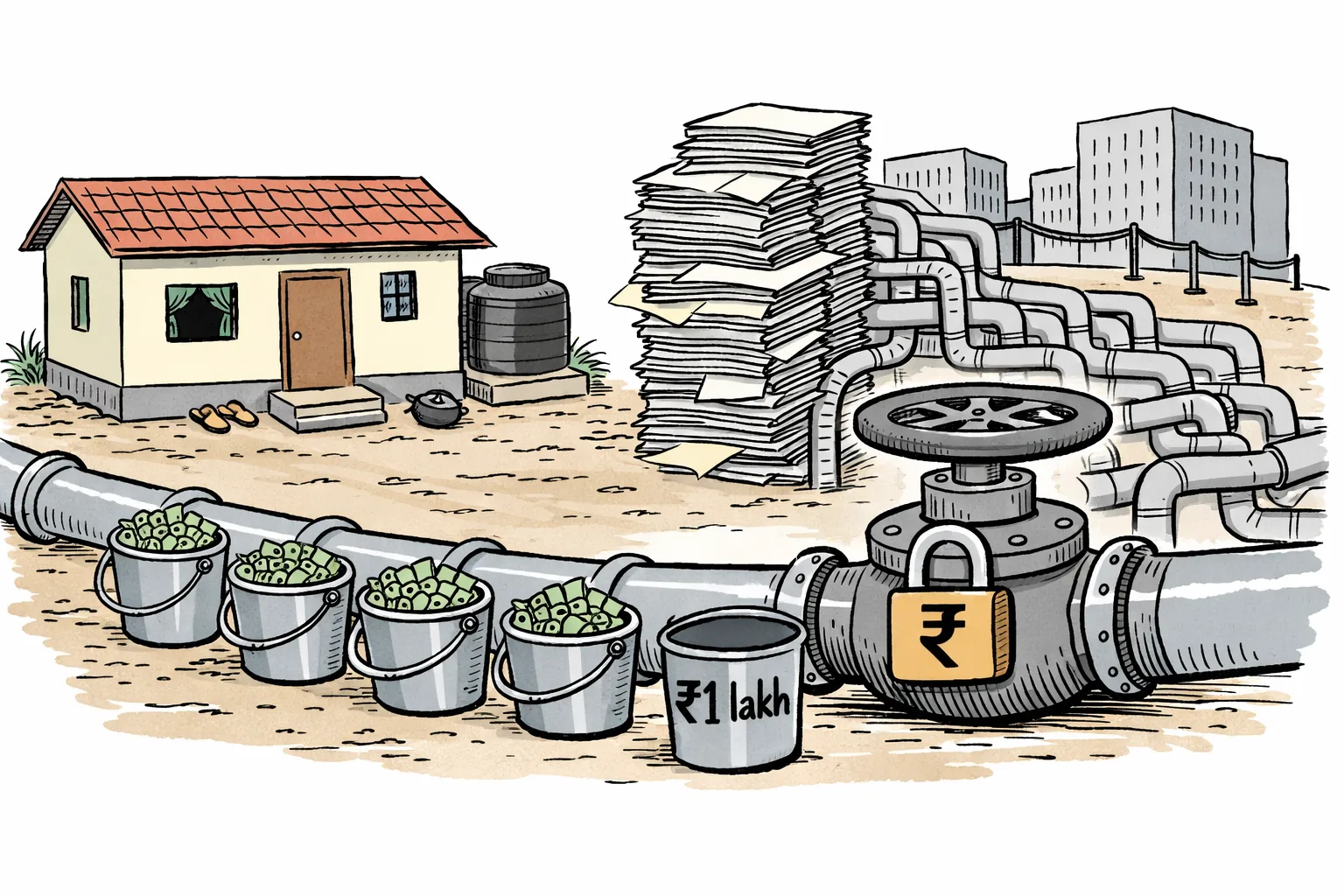 A completed house in a Telangana settlement stands beside a large government payment pipe that ends in a locked valve marked with a rupee symbol; four coloured instalment buckets are full, while a fifth bucket labelled ₹1 lakh remains empty, with files from state and Union offices piled behind it.