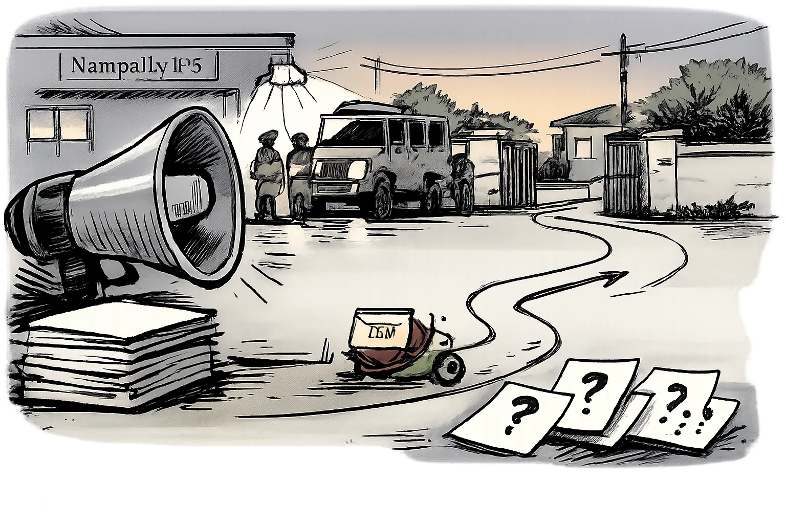 At dawn outside a Hyderabad police station, a large police operation stands ready while a tiny snail carries an envelope marked FIR along a winding path, with loose papers covered in question marks nearby.