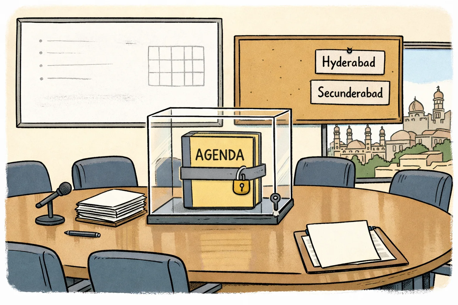 An empty Hyderabad conference room with a table, covered files, blank chairs and a locked transparent box containing no visible plans.