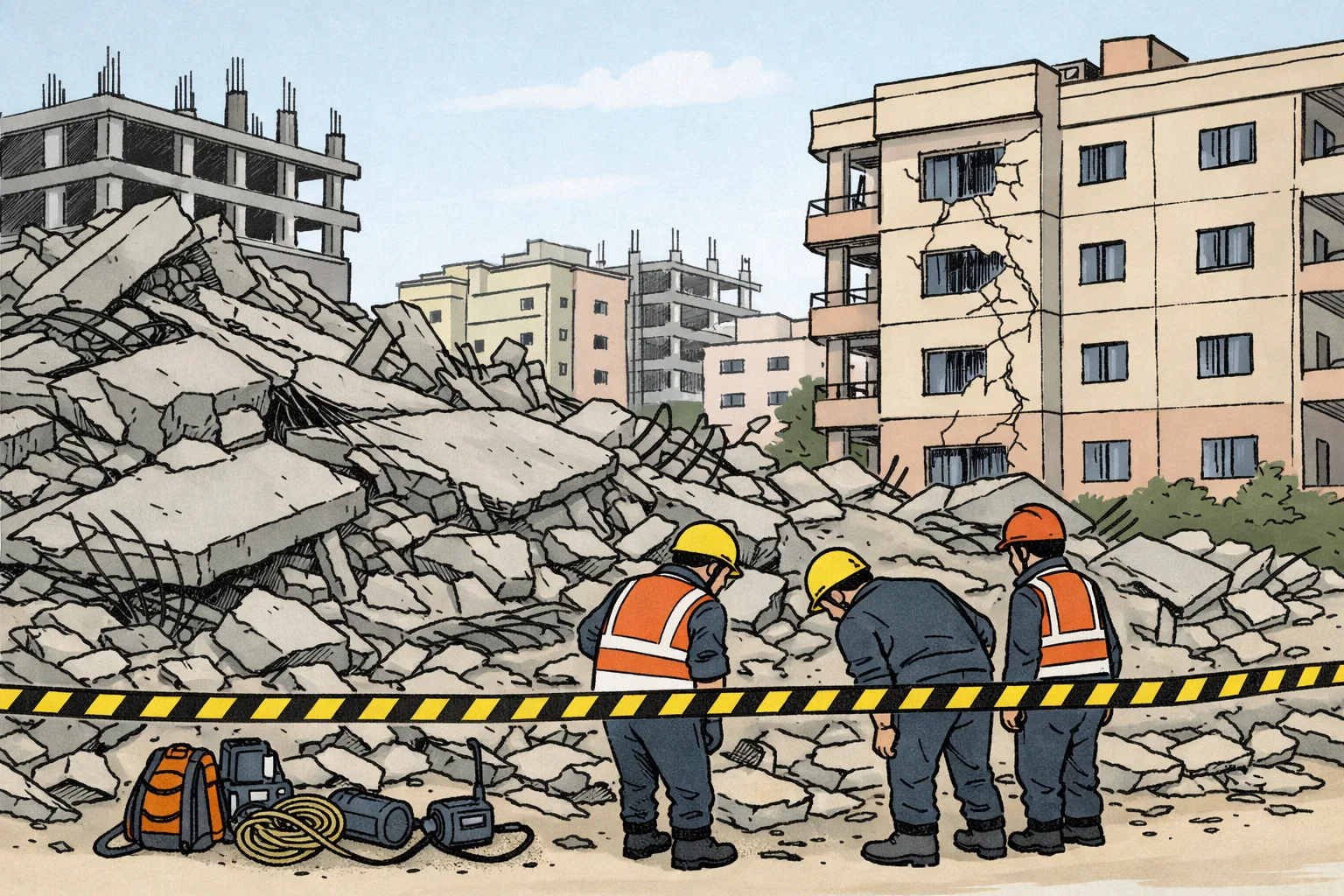 Emergency responders search a cordoned mound of concrete and steel from a collapsed under-construction building beside a damaged apartment in Kondapur.