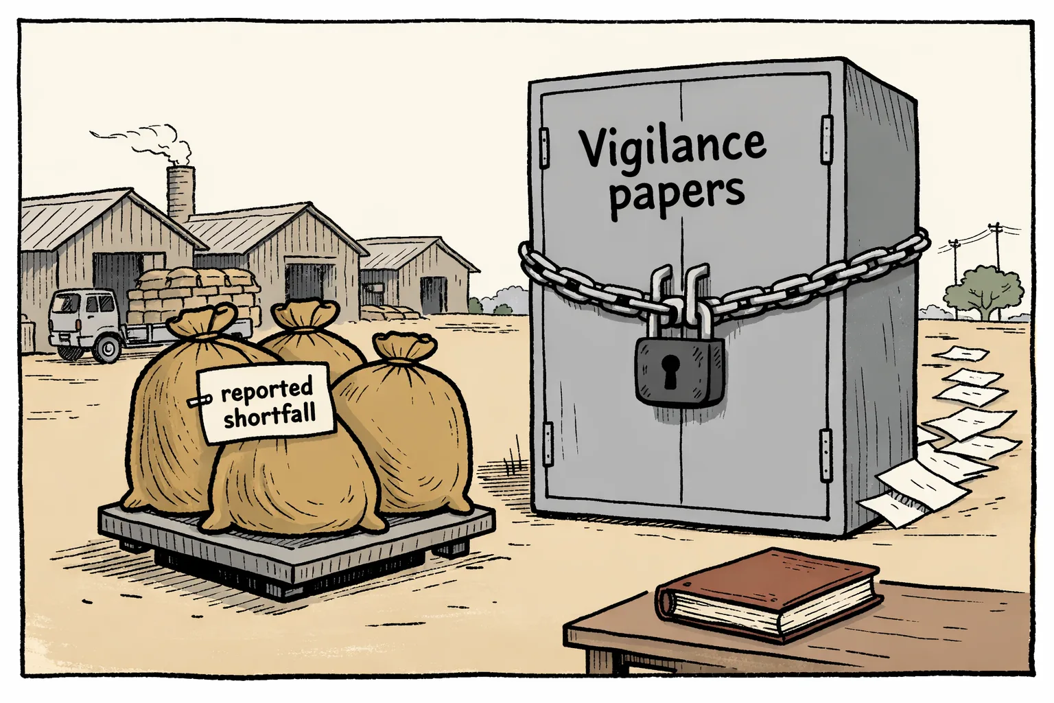 A locked Telangana government file cabinet marked “Vigilance”, with a large rice sack and a weighing scale outside; three tiny rice-mill buildings sit in the background while blank papers lie on the ground.
