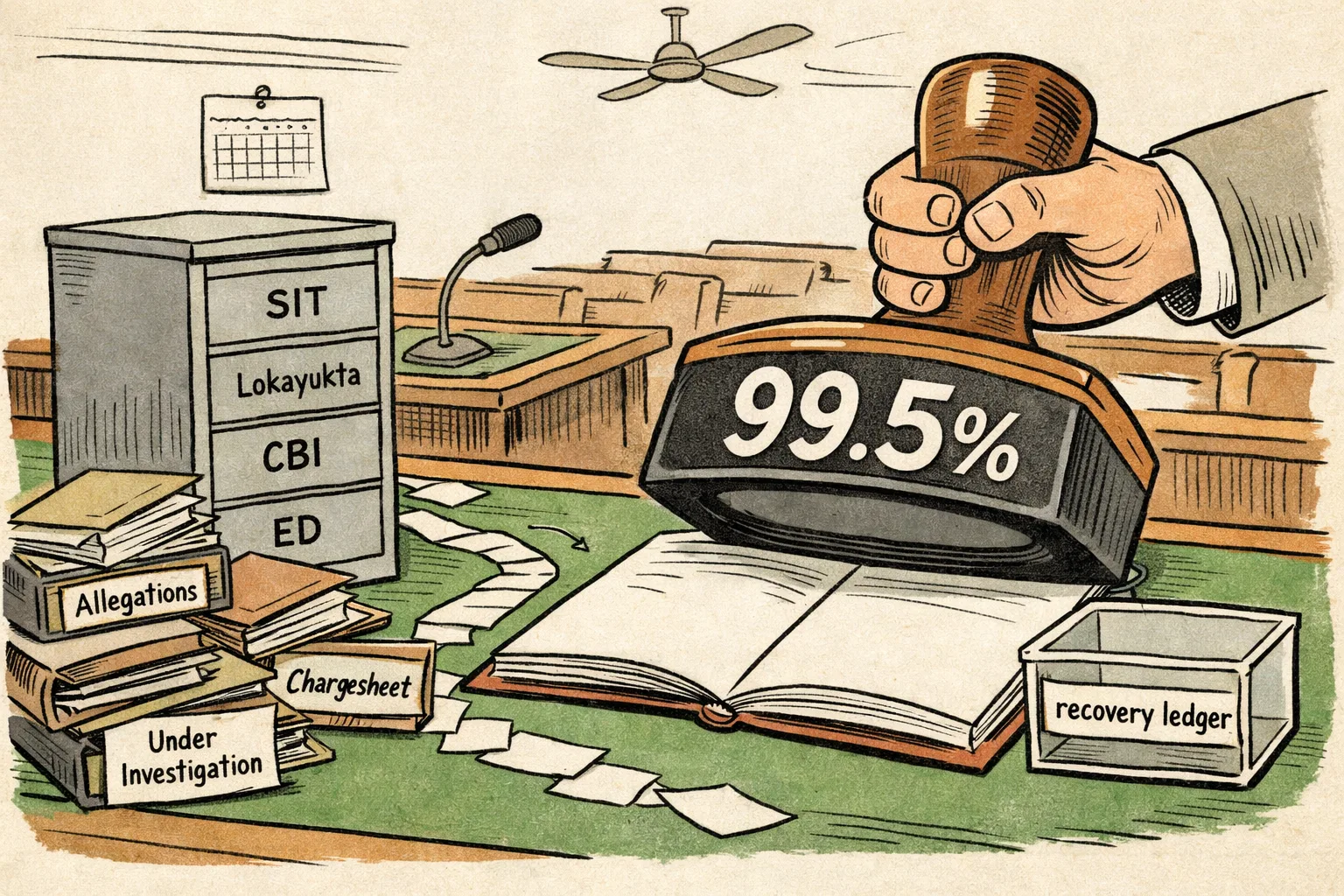 An oversized 99.5 percent stamp presses onto an almost empty recovery ledger beside an overflowing locked cabinet of investigation files in a government committee room.