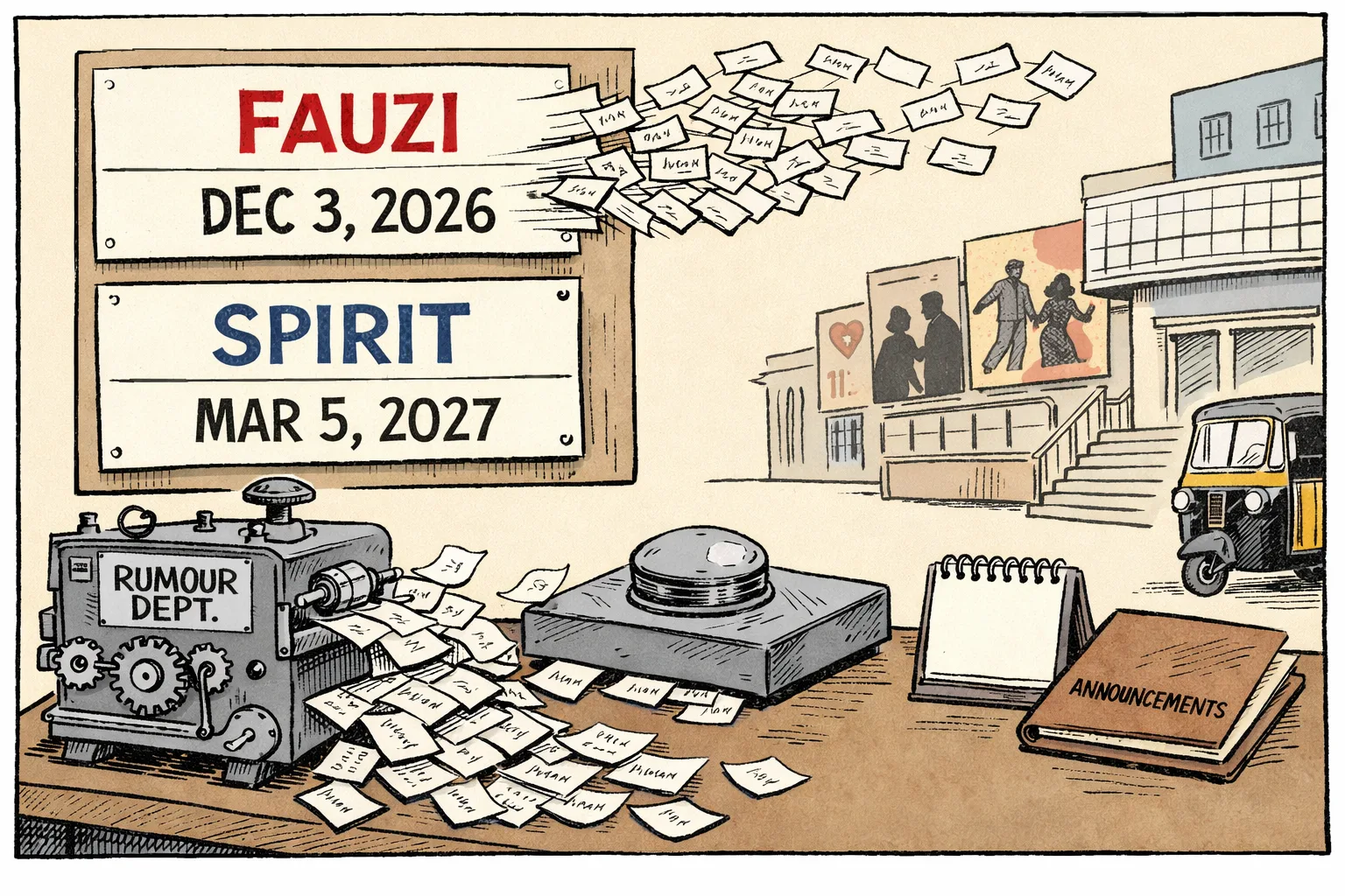 A cartoon cinema scheduling board shows Fauzi’s December 3, 2026 date being tugged by rumour slips while Spirit’s March 5, 2027 date is held down by a paperweight.