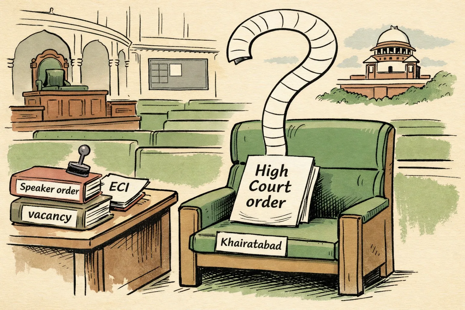 An empty Khairatabad MLA chair in a Telangana Assembly chamber is pinned by a High Court order, while files from the Speaker and Election Commission pile up and a question-mark-shaped document points toward the Supreme Court.