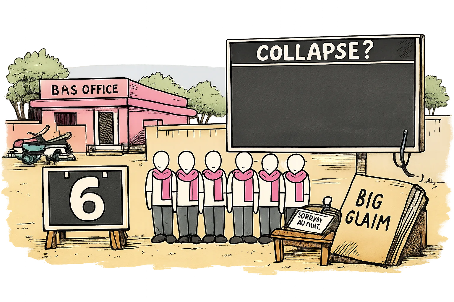 A cartoon outside a pink office in the Rajendranagar area shows six unidentifiable figures beside a small scoreboard marked 6, while a much larger empty scoreboard asks whether there is a collapse.