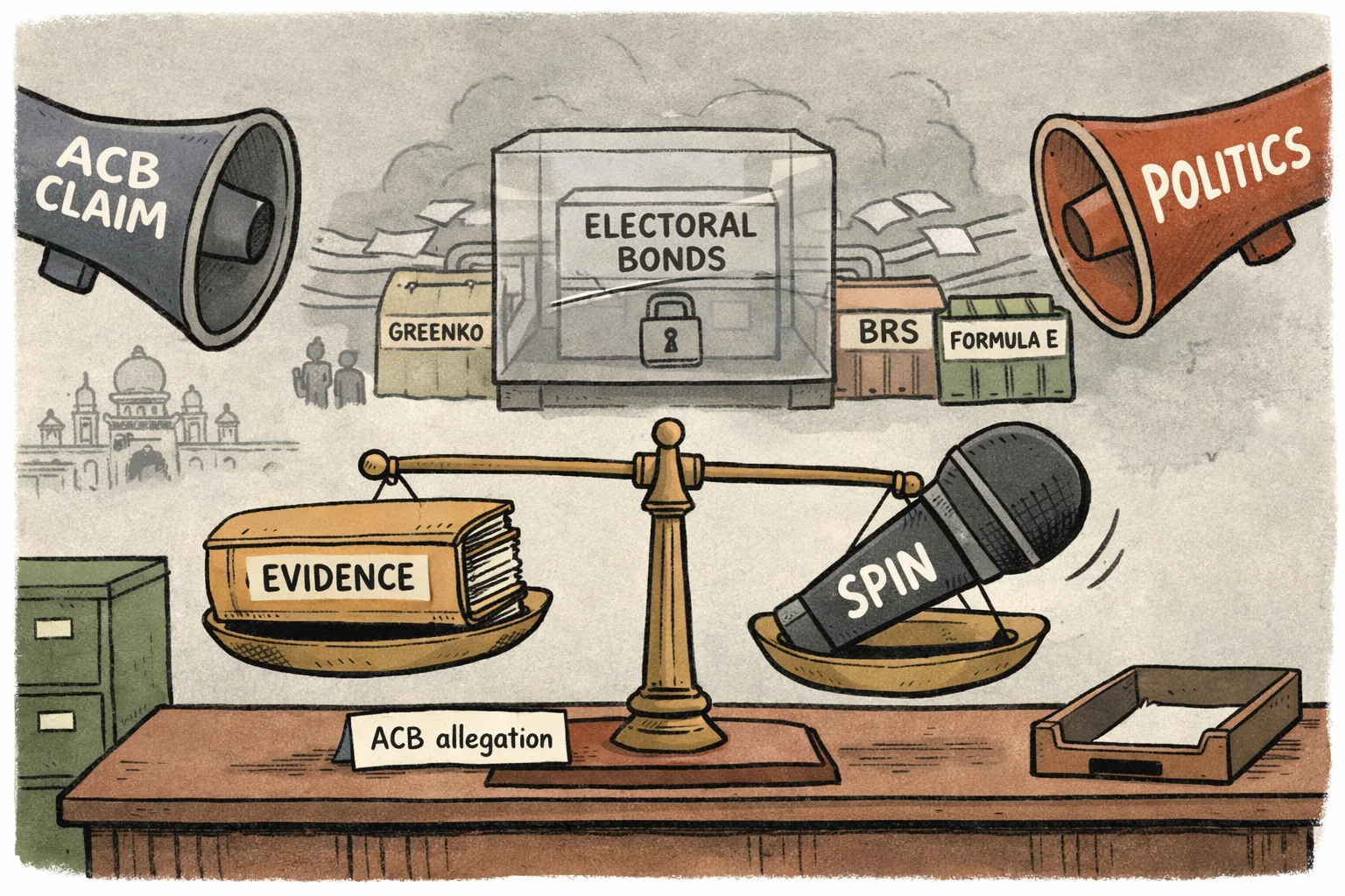 A Telangana government file marked as an allegation rests on a courtroom scale, while a sealed electoral-bond box and a press-conference microphone sit in a foggy Hyderabad office scene.