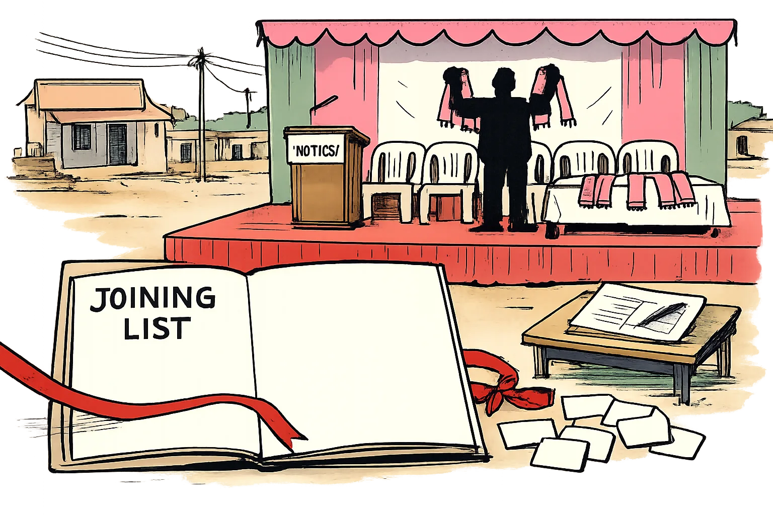 A village political stage with empty chairs, party scarves and an oversized blank folder labelled “JOINING LIST” in the foreground.
