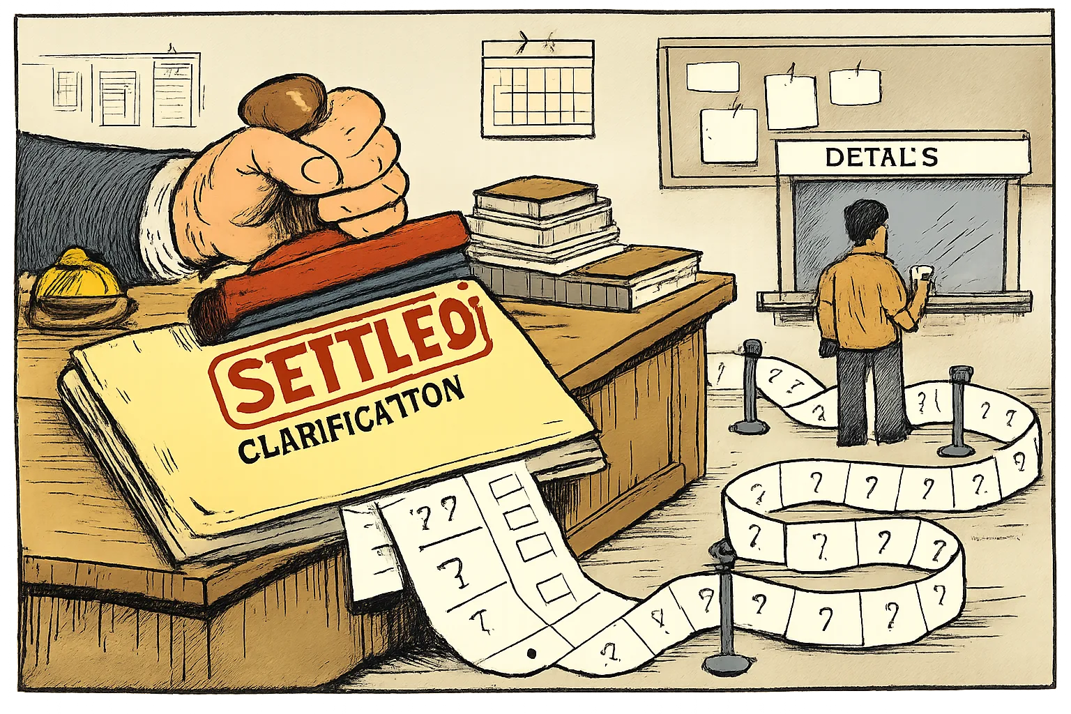 An oversized file stamped “SETTLED” sits on an electoral-office desk while question-marked papers spill toward a voter waiting at a closed details counter.