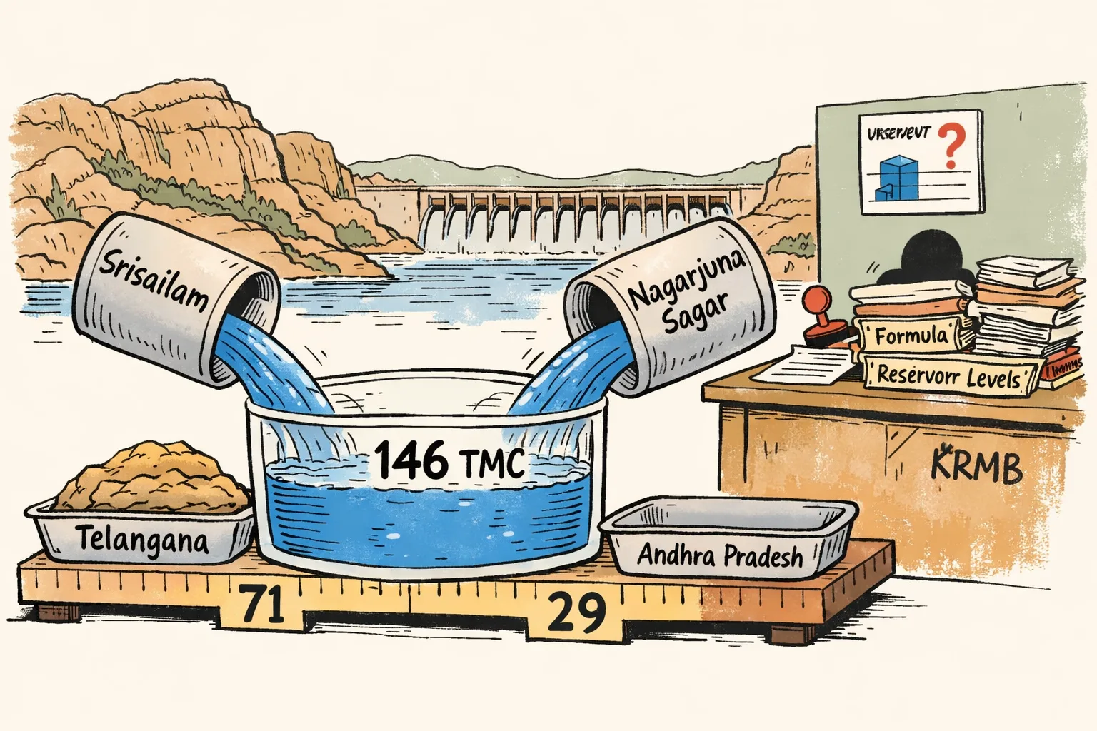 A cartoon of two large Telangana reservoir tanks labelled Srisailam and Nagarjuna Sagar feeding a pipe marked 146 TMC into a weighing scale, while a KRMB desk officer’s empty tray sits opposite a large 71:29 measuring rule; folders marked Telangana and Andhra Pradesh are stacked nearby.