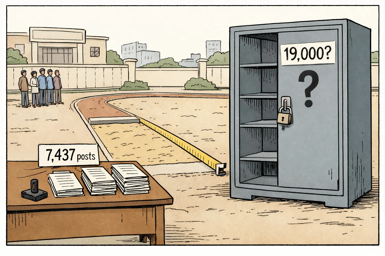 A Telangana recruitment notice showing 7,437 open posts sits on one side of a desk, while a much larger file marked with a question mark remains locked in a government cupboard; applicants wait outside beside a long-jump pit.