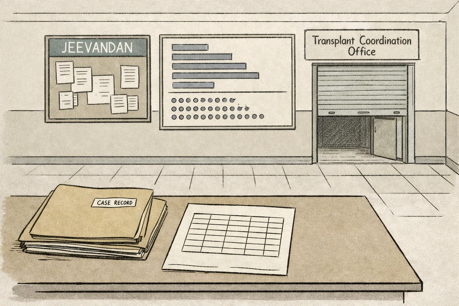 A quiet Telangana hospital corridor with a closed transplant-coordination office, two labelled organ-donation folders on a desk, and a Jeevandan noticeboard showing aggregate figures without a case record.